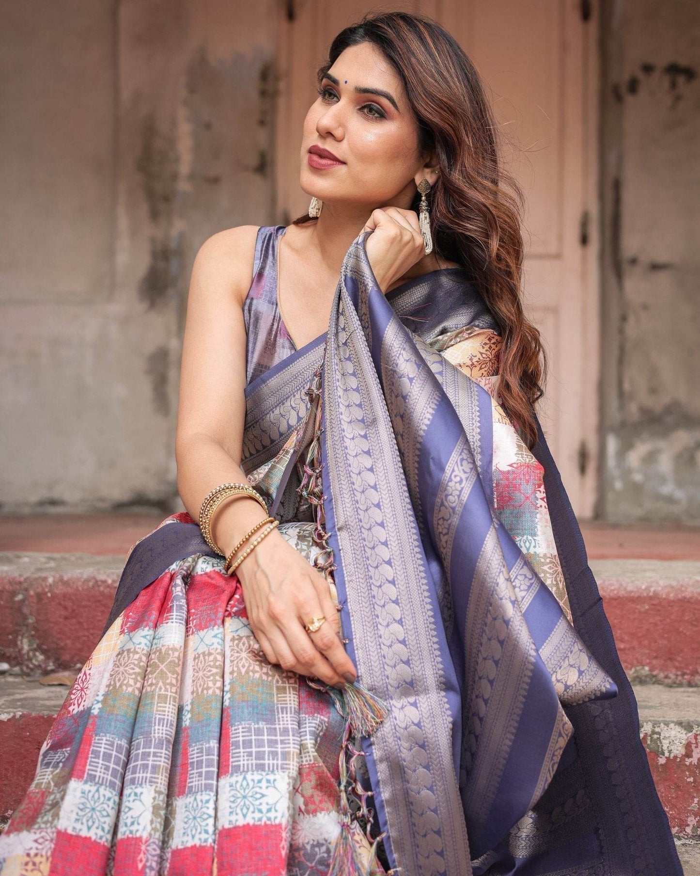 Multicolor Banarasi Silk Saree with Abstract Checkered Print & Lavender Zari Border - SEEANS