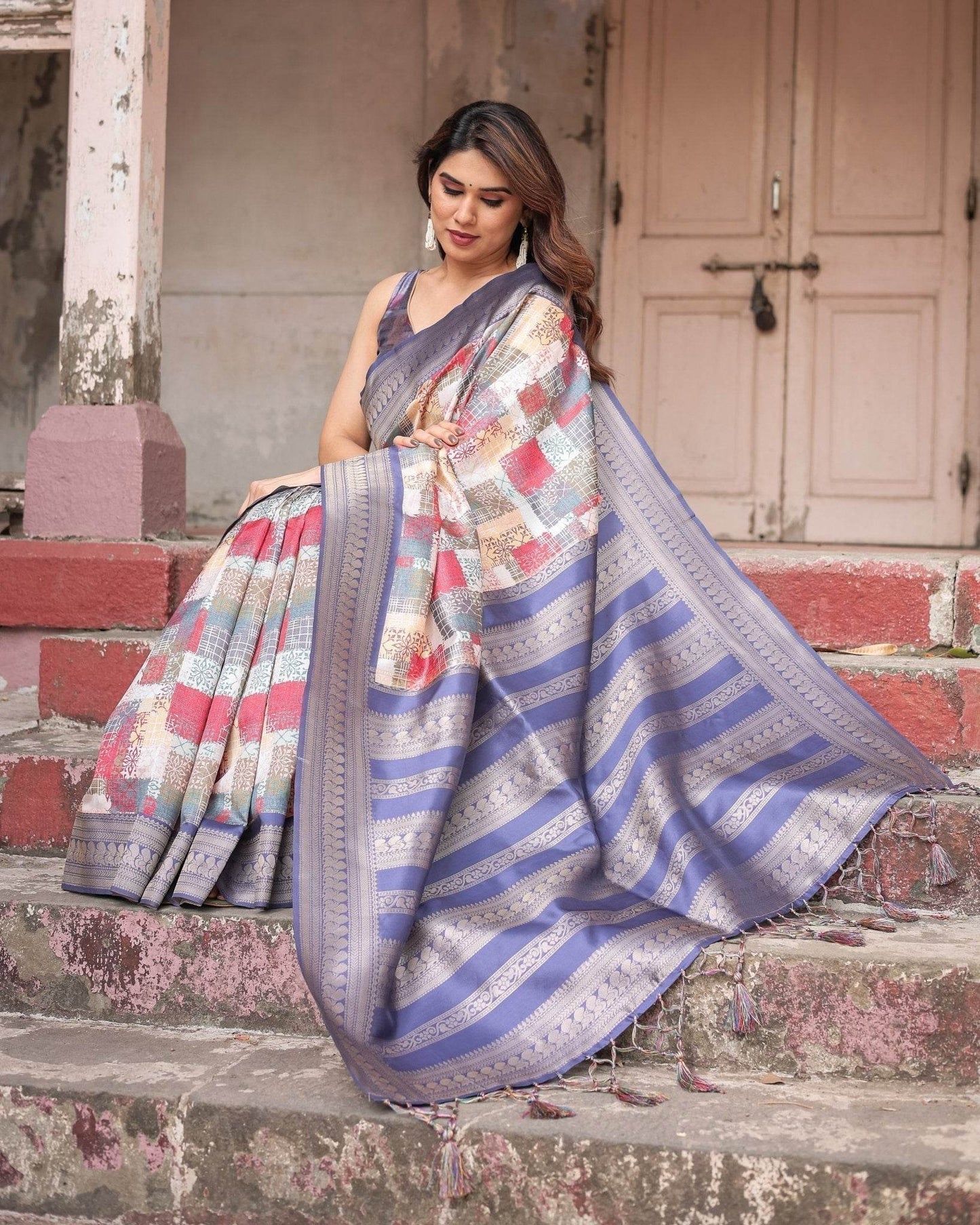 Multicolor Banarasi Silk Saree with Abstract Checkered Print & Lavender Zari Border - SEEANS