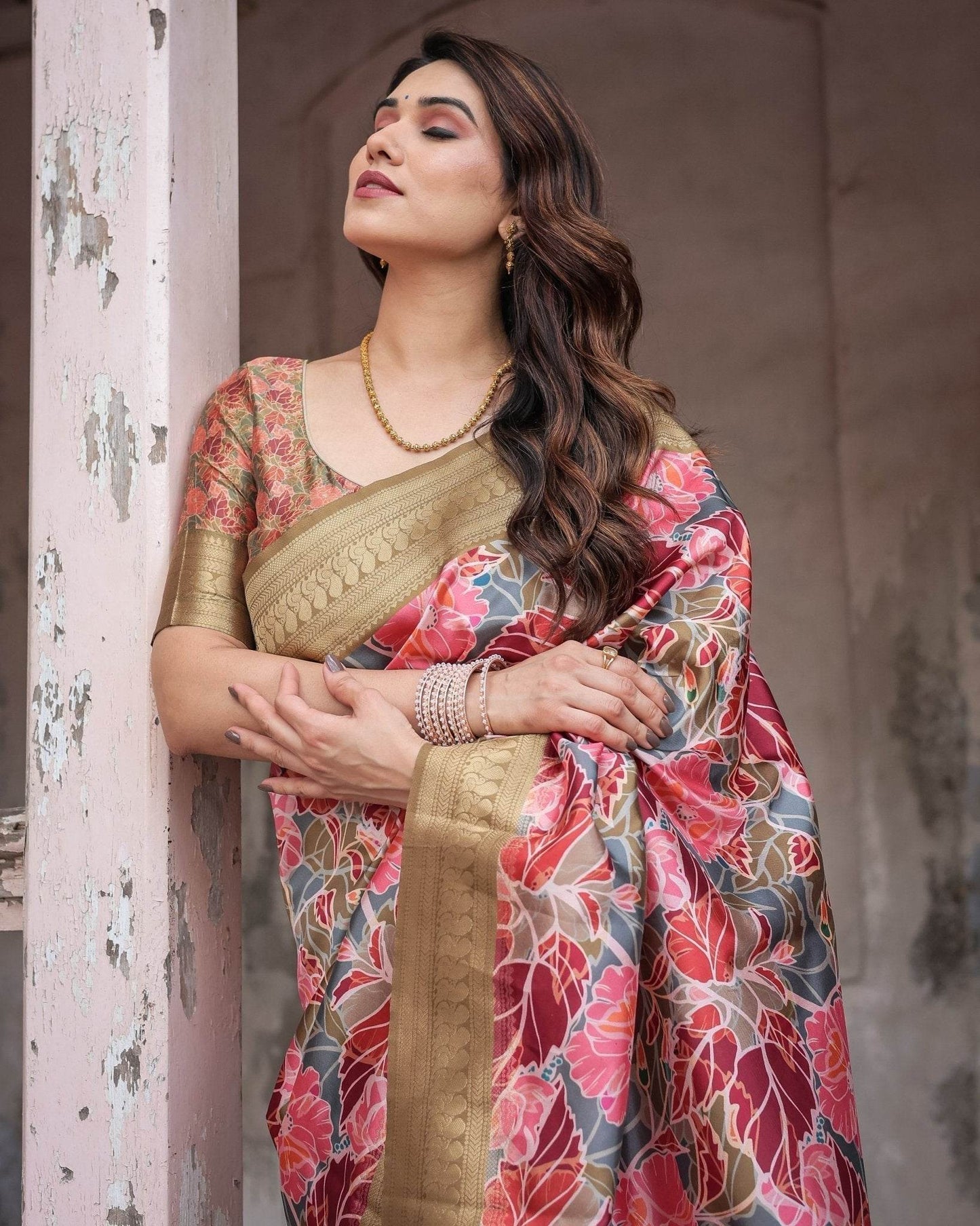 Gold Banarasi Silk Saree with Bold Floral Print and Intricate Zari Border - SEEANS