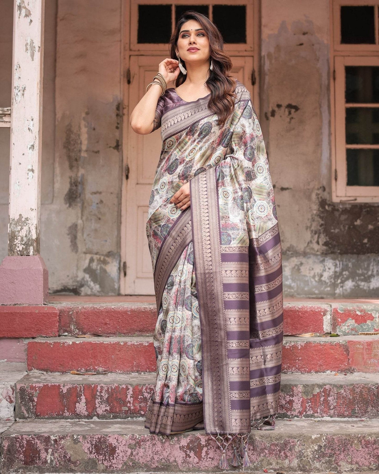 Regal Purple Banarasi Silk Saree with Digital Print and Ornate Border - SEEANS