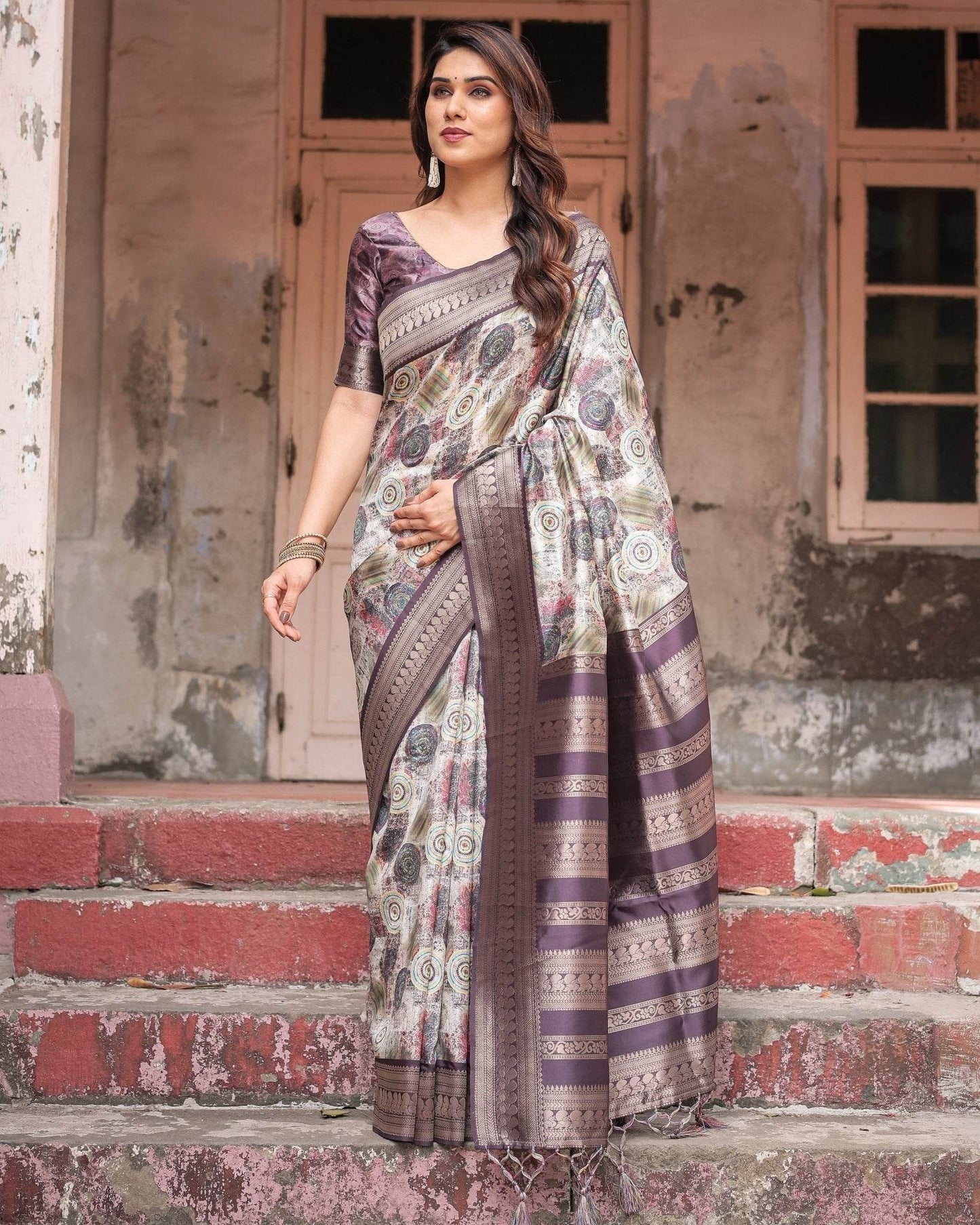 Regal Purple Banarasi Silk Saree with Digital Print and Ornate Border - SEEANS