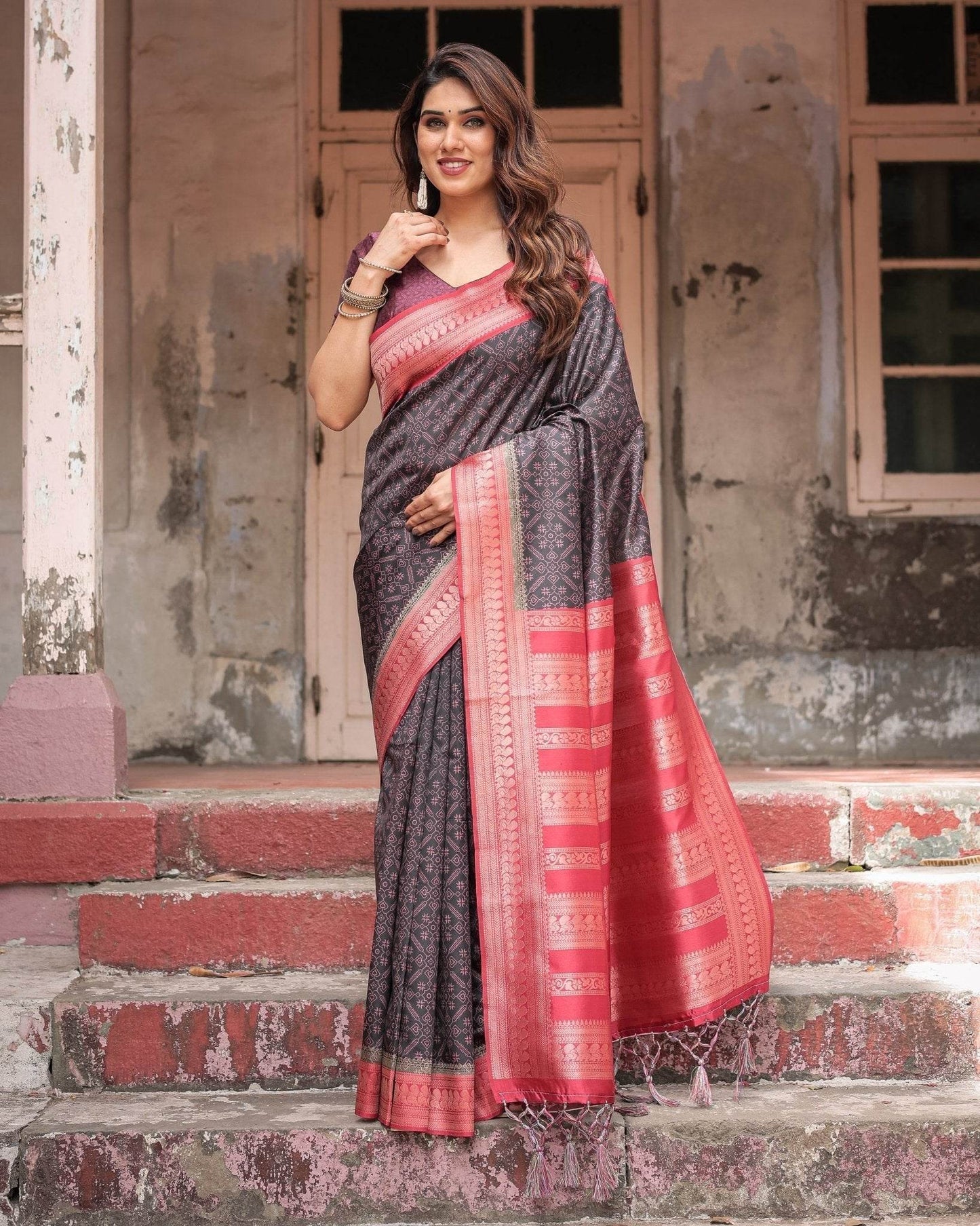Black Banarasi Silk Saree with Intricate Pink Zari Border & Traditional Motifs - SEEANS