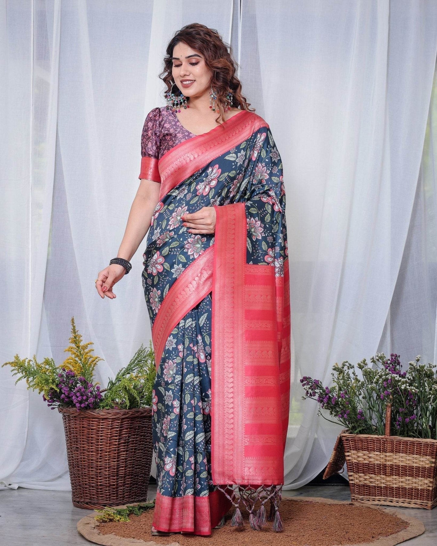 Regal Navy Blue and Pink Floral Banarasi Silk Saree with Tassels - SEEANS