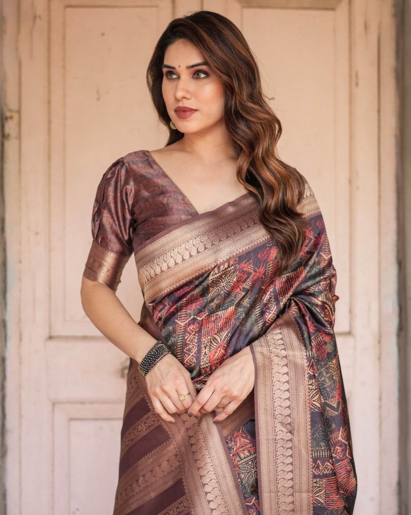 Rich Chocolate Banarasi Silk Saree with Geometric Print and Zari Border - SEEANS