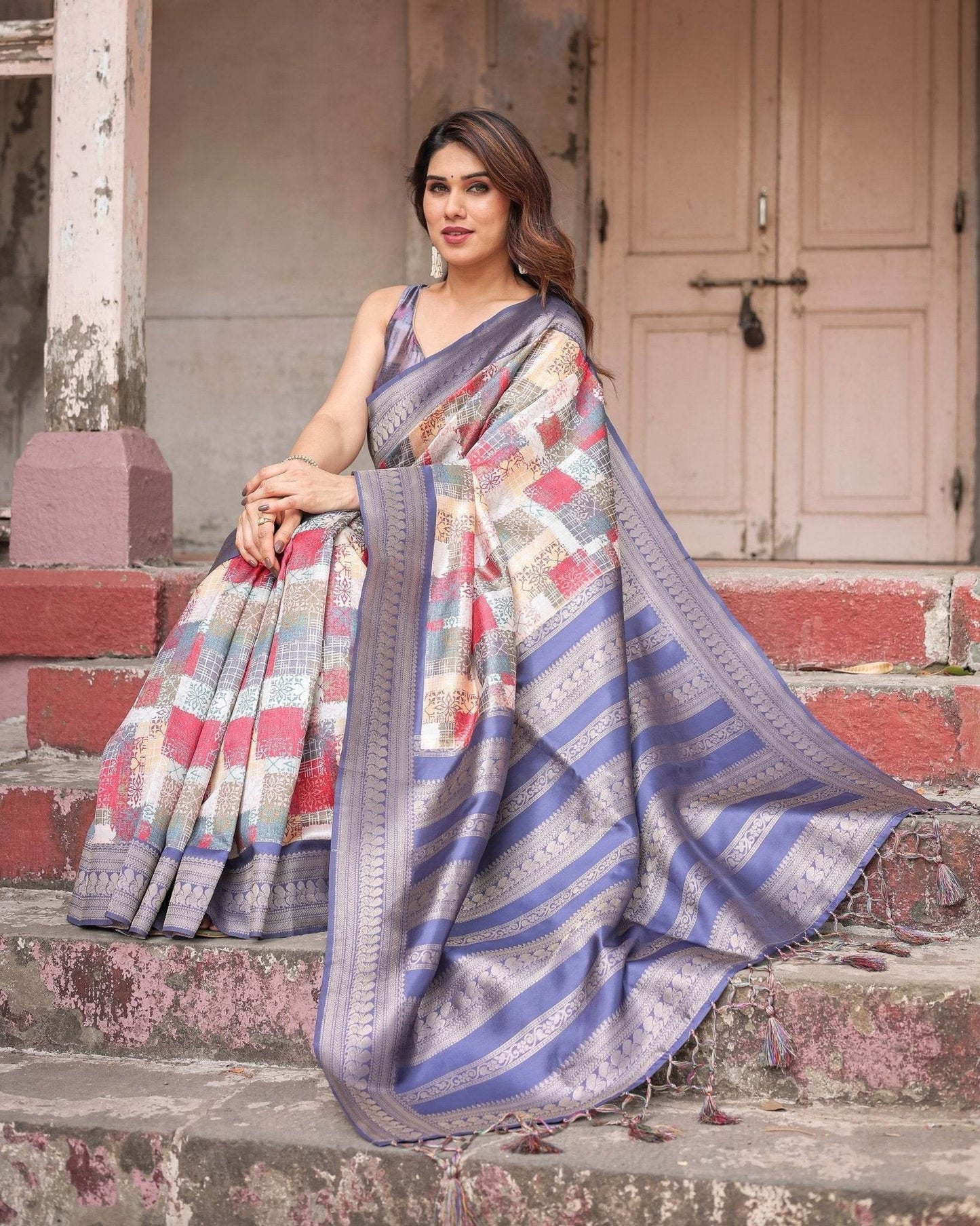 Multicolor Banarasi Silk Saree with Abstract Checkered Print & Lavender Zari Border - SEEANS