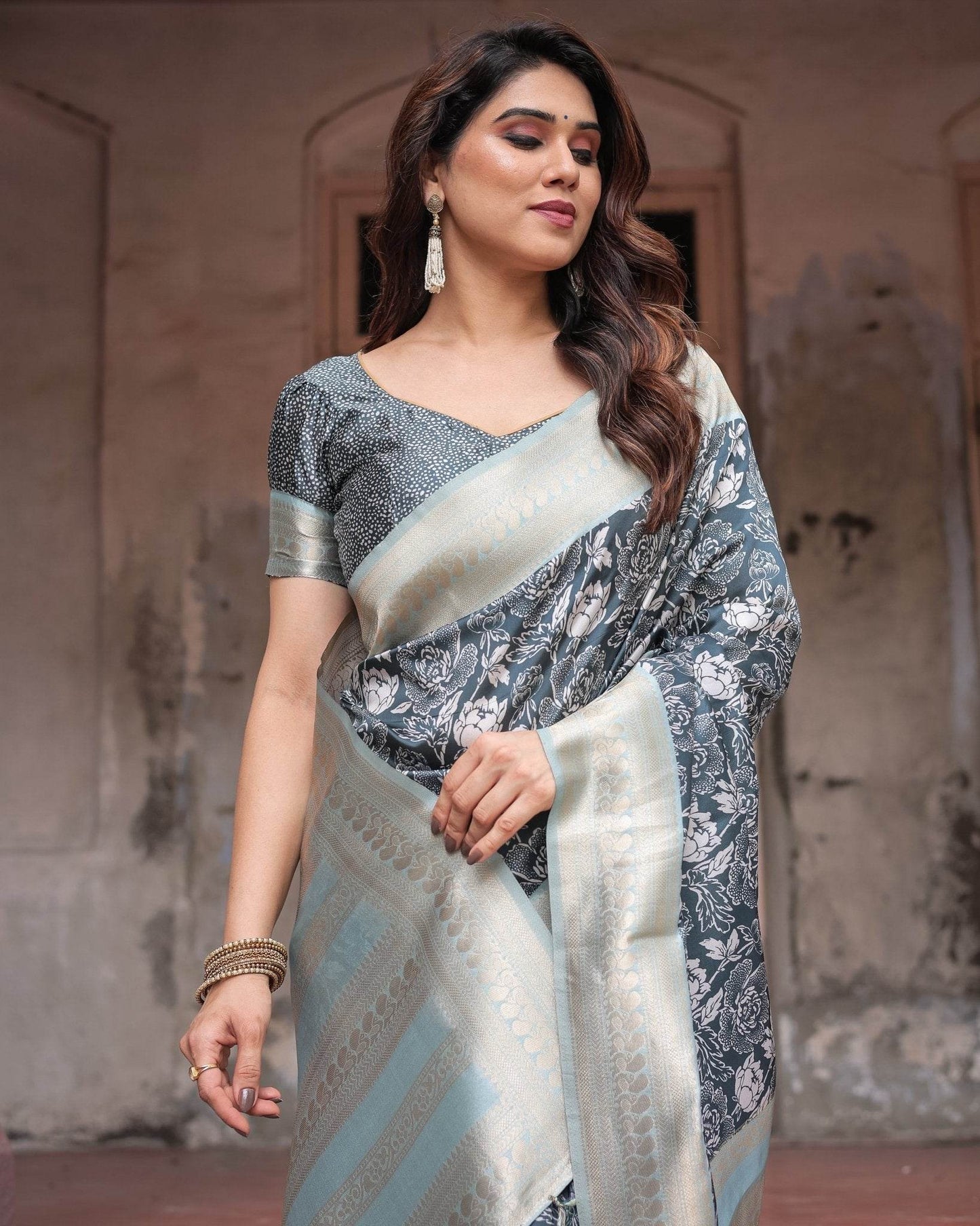 Sophisticated Floral Banarasi Silk Saree with Light Blue Zari Border - SEEANS