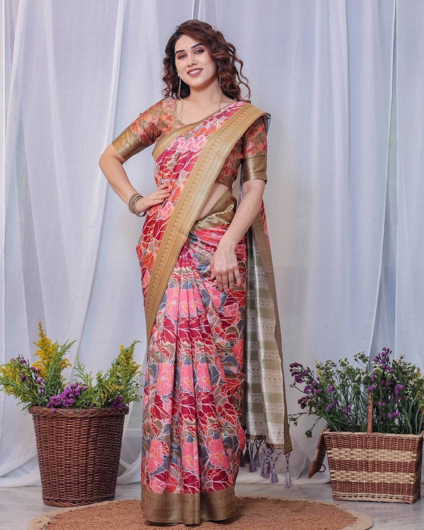 Radiant Red and Gold Banarasi Silk Saree with Floral Motifs and Tassels - SEEANS