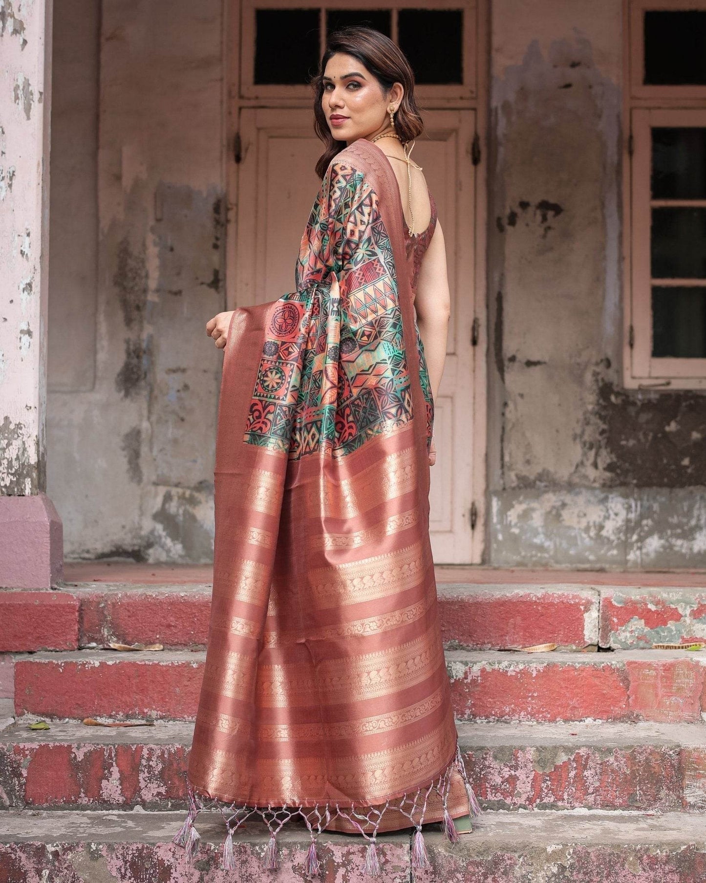 Multicolor Geometric Print Banarasi Silk Saree with Copper Zari Border - SEEANS