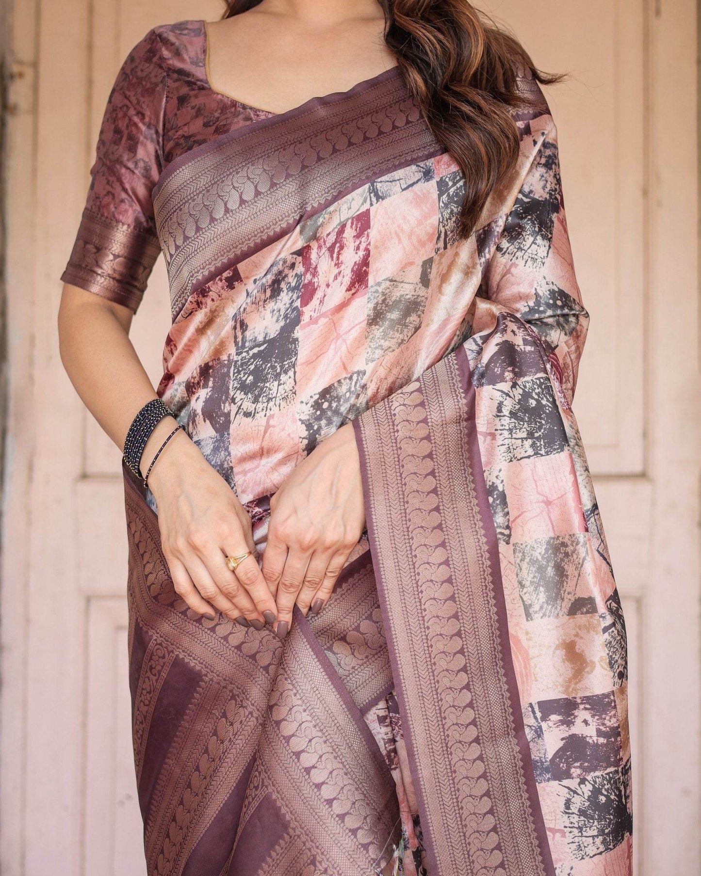 Mauve Banarasi Silk Saree with Abstract Checkered Digital Print & Zari Border - SEEANS