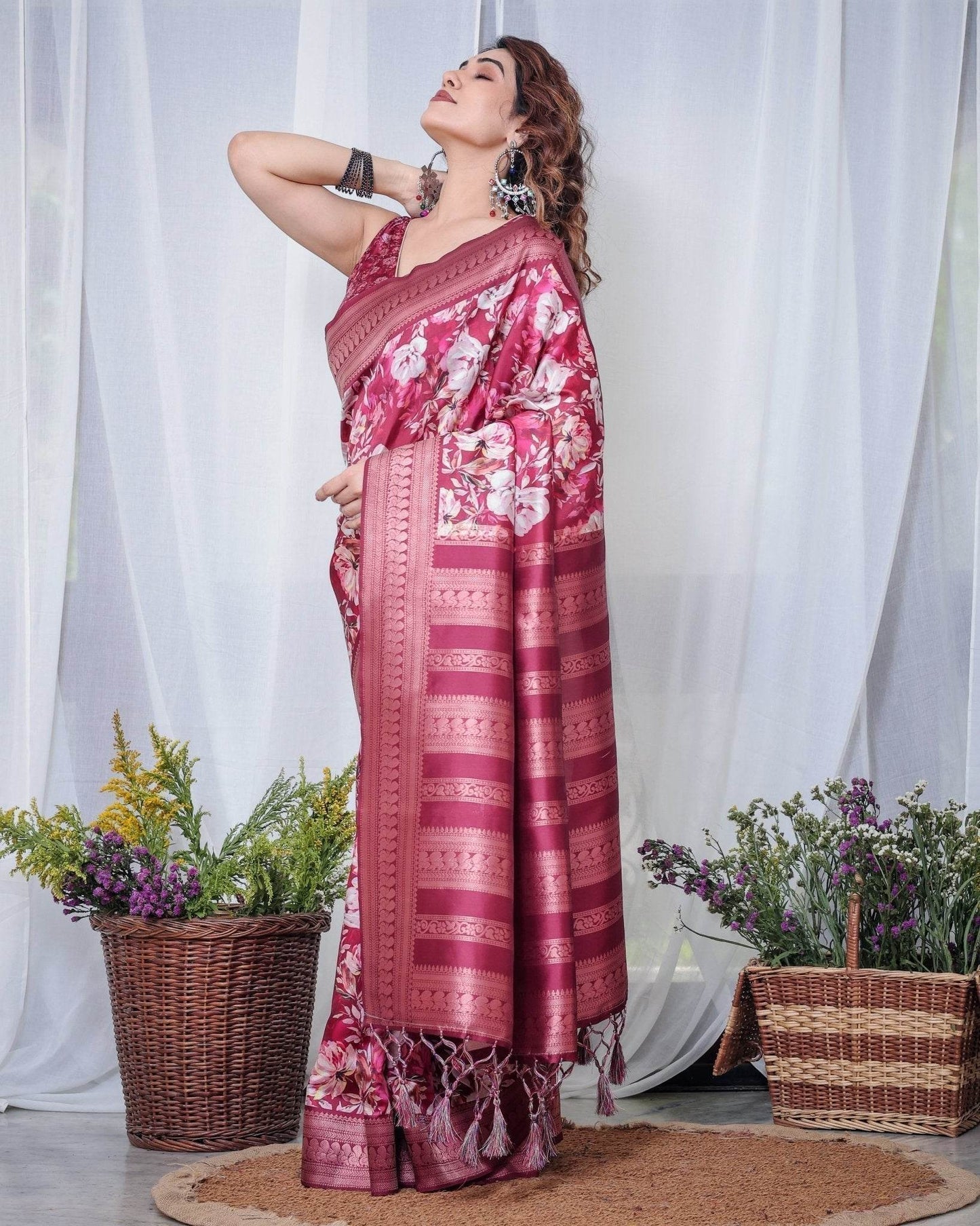 Graceful Maroon Floral Banarasi Silk Saree with Tassels - SEEANS