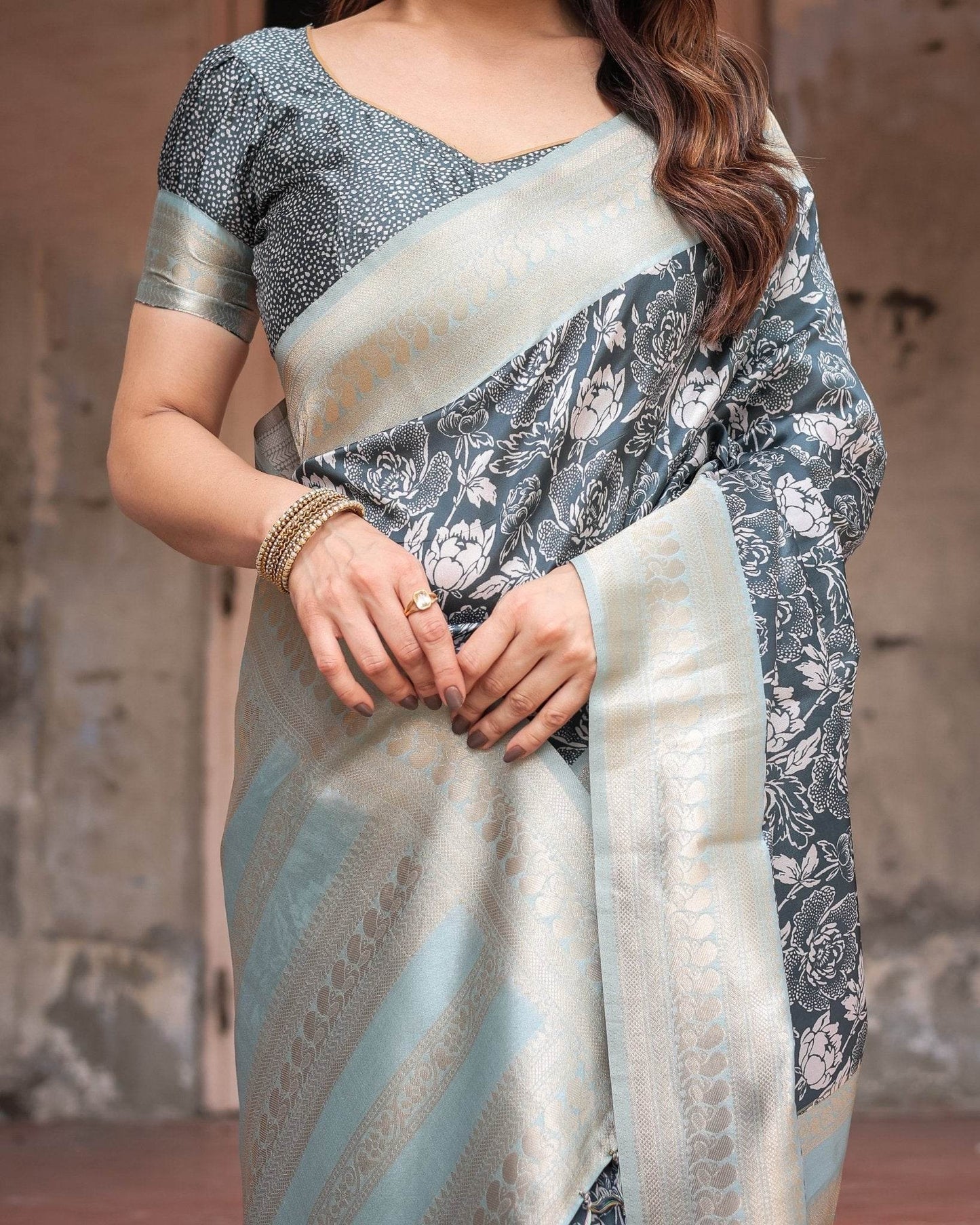 Sophisticated Floral Banarasi Silk Saree with Light Blue Zari Border - SEEANS