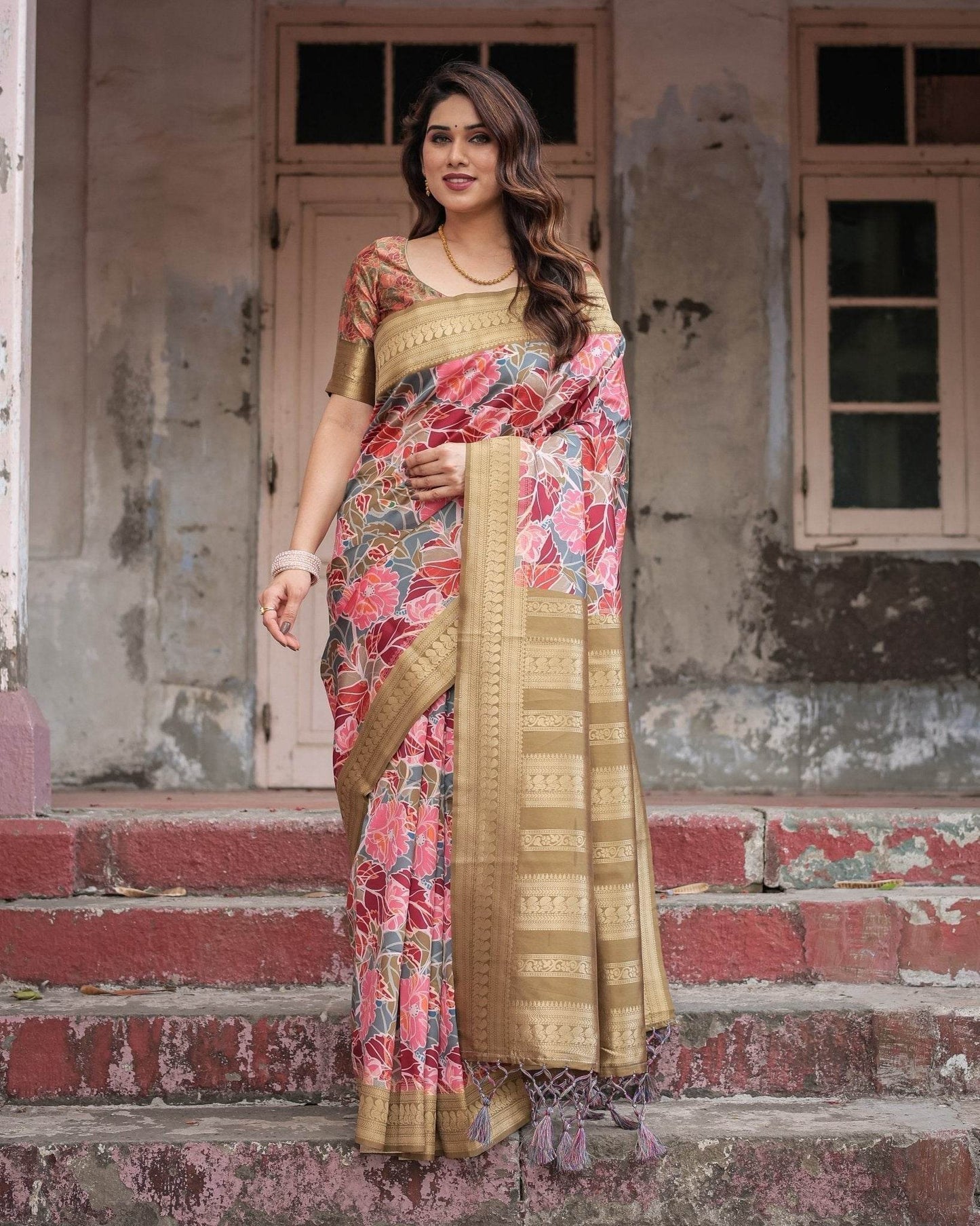 Gold Banarasi Silk Saree with Bold Floral Print and Intricate Zari Border - SEEANS