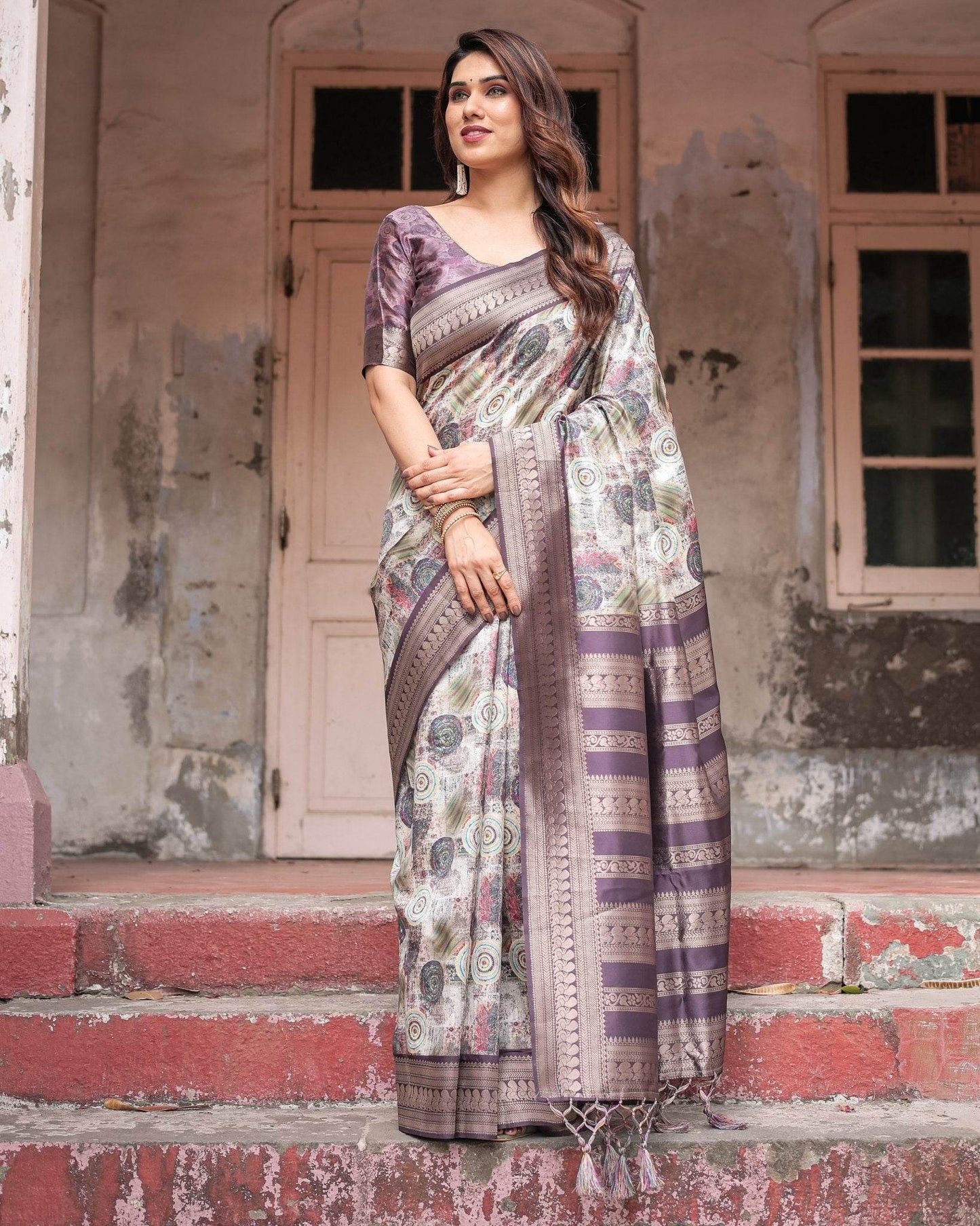 Regal Purple Banarasi Silk Saree with Digital Print and Ornate Border - SEEANS
