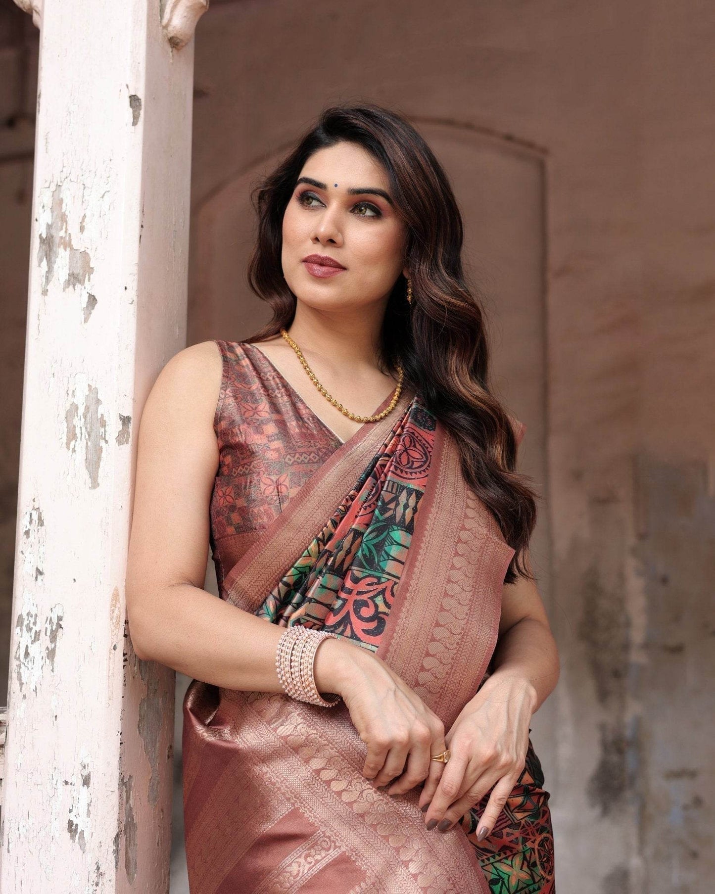 Multicolor Geometric Print Banarasi Silk Saree with Copper Zari Border - SEEANS