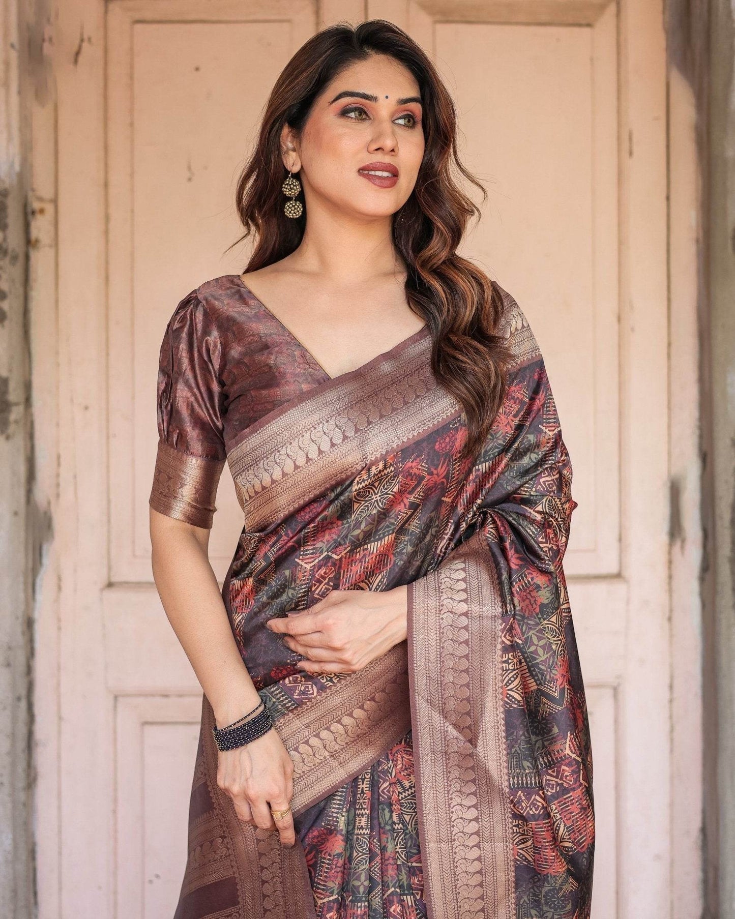 Rich Chocolate Banarasi Silk Saree with Geometric Print and Zari Border - SEEANS