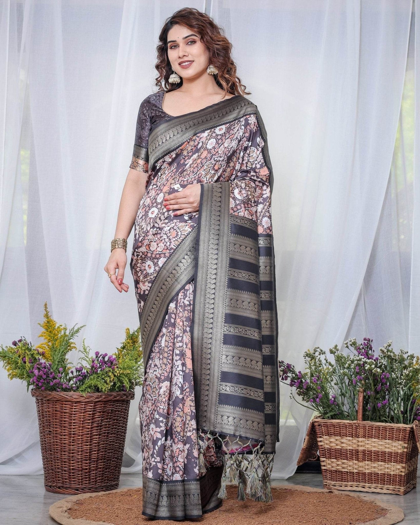 Exquisite Black and Pink Floral Banarasi Silk Saree with Intricate Tassels - SEEANS