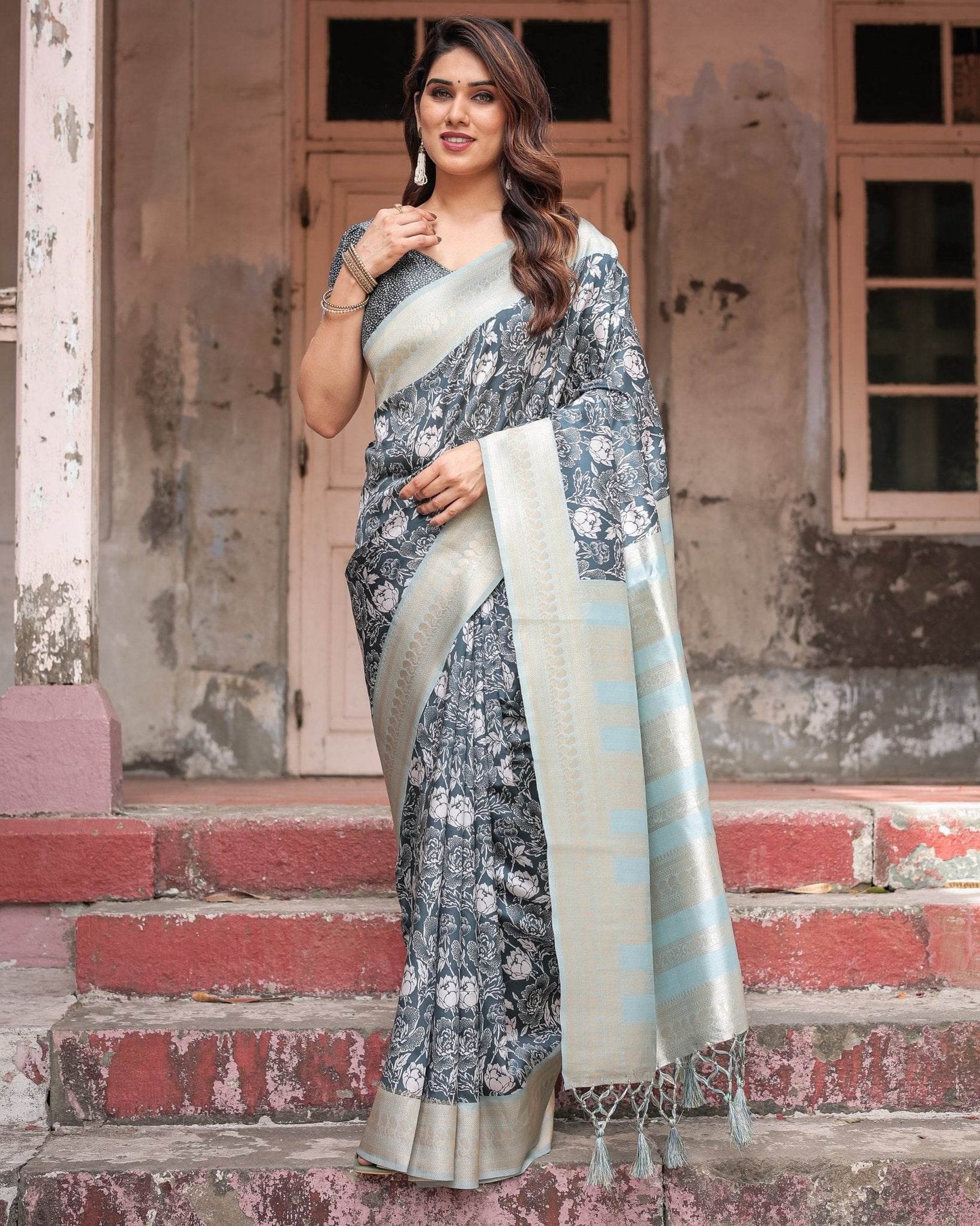 Sophisticated Floral Banarasi Silk Saree with Light Blue Zari Border - SEEANS