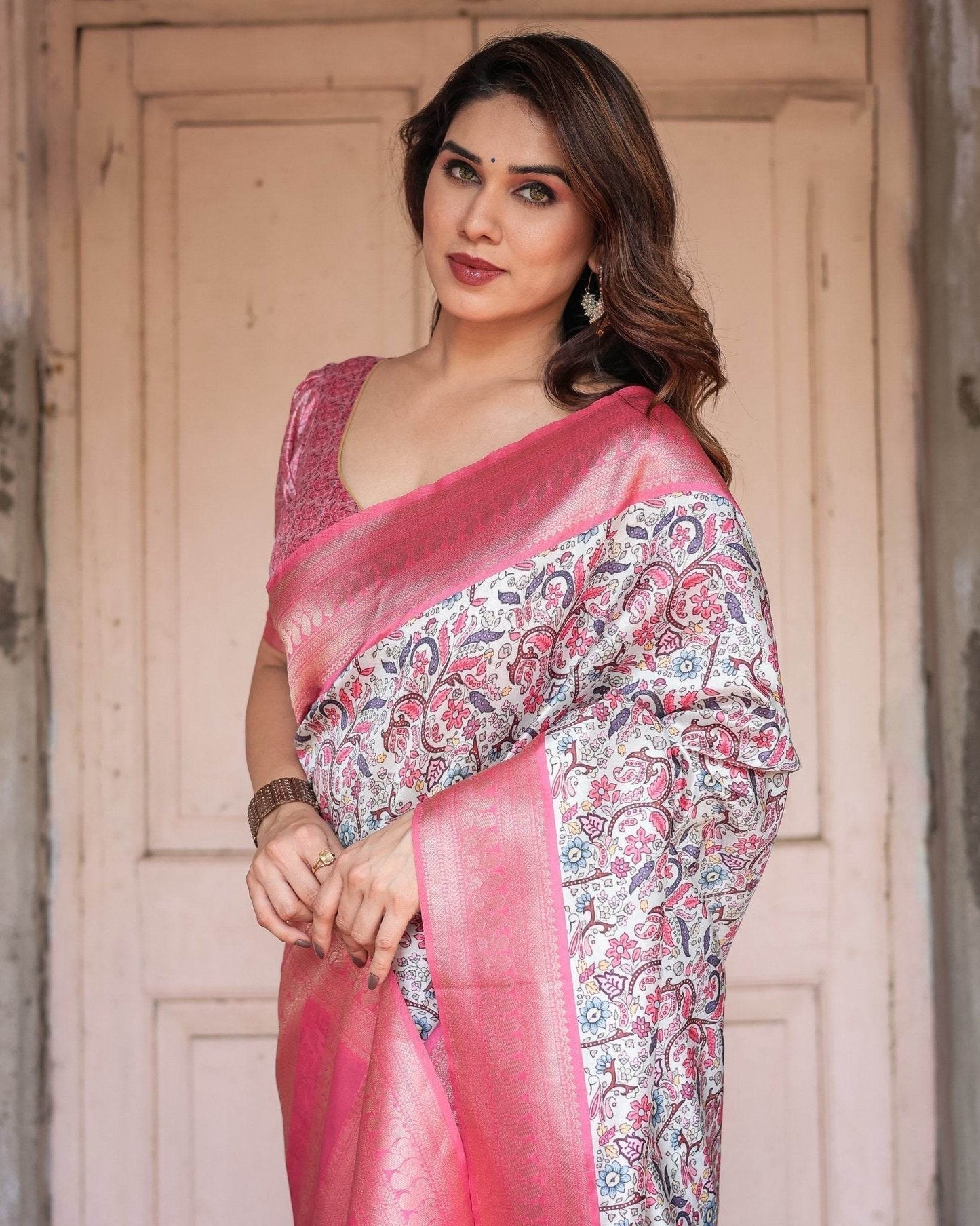 Pink Banarasi Silk Saree with Vibrant Floral Digital Print & Elegant Zari Border - SEEANS