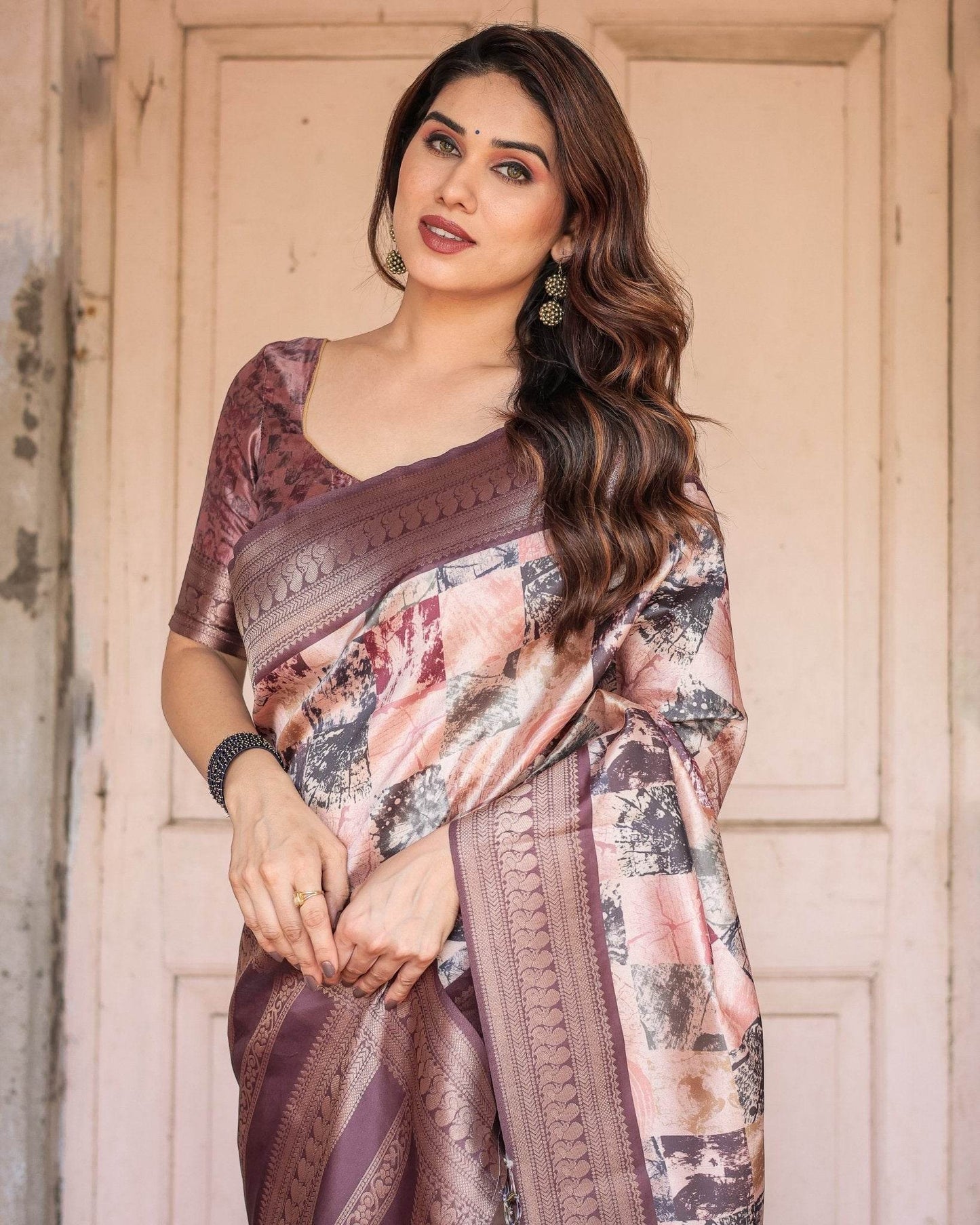 Mauve Banarasi Silk Saree with Abstract Checkered Digital Print & Zari Border - SEEANS