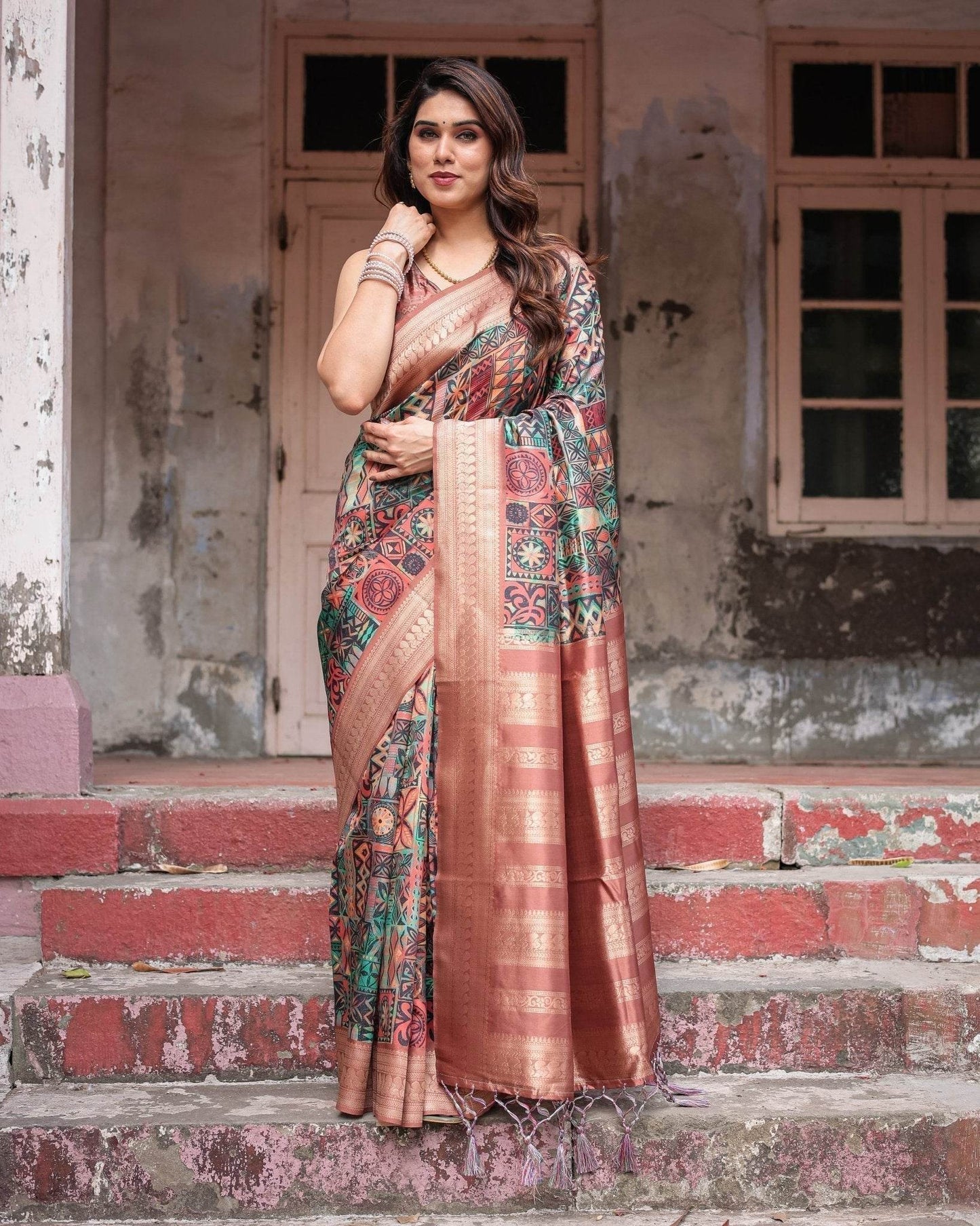 Multicolor Geometric Print Banarasi Silk Saree with Copper Zari Border - SEEANS
