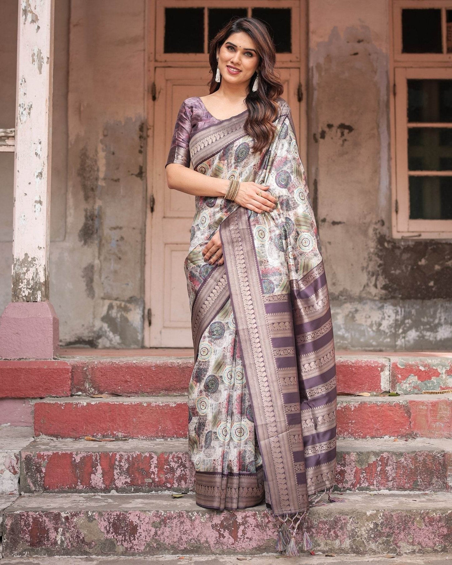 Regal Purple Banarasi Silk Saree with Digital Print and Ornate Border - SEEANS