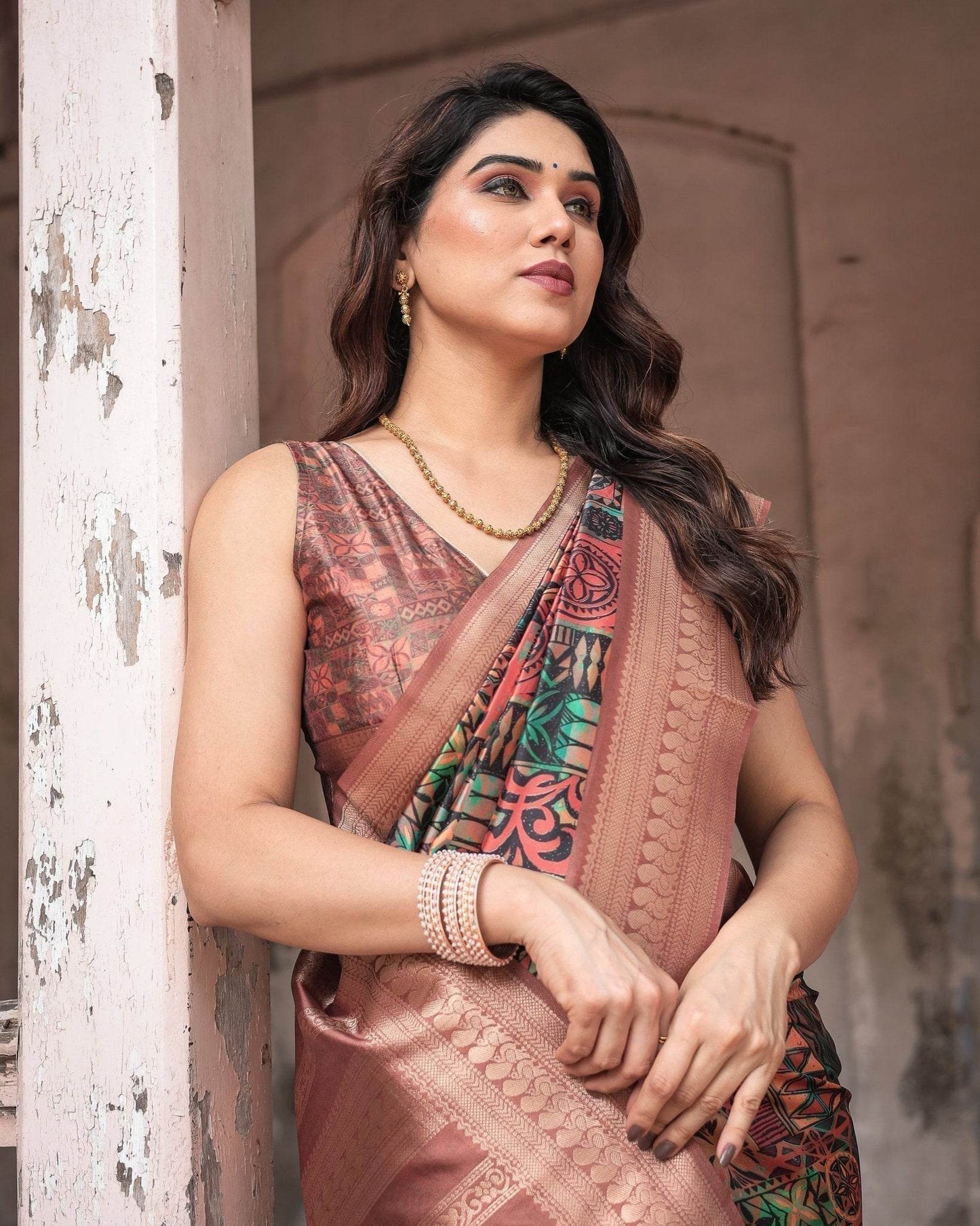 Multicolor Geometric Print Banarasi Silk Saree with Copper Zari Border - SEEANS