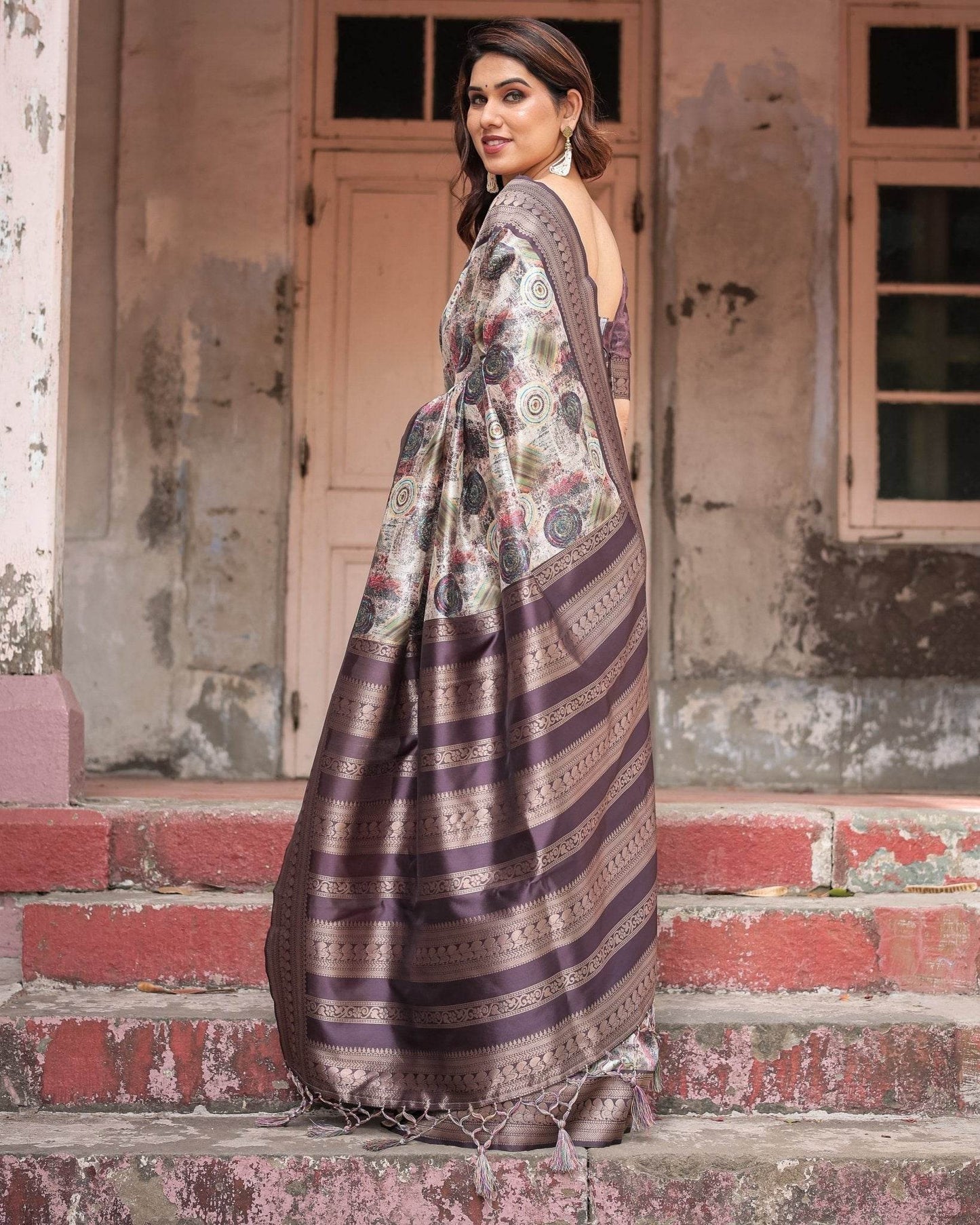 Regal Purple Banarasi Silk Saree with Digital Print and Ornate Border - SEEANS