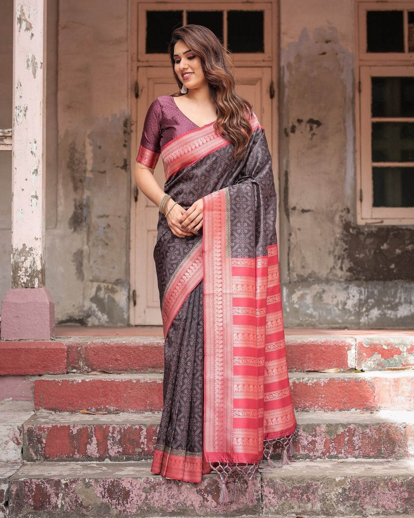 Black Banarasi Silk Saree with Intricate Pink Zari Border & Traditional Motifs - SEEANS