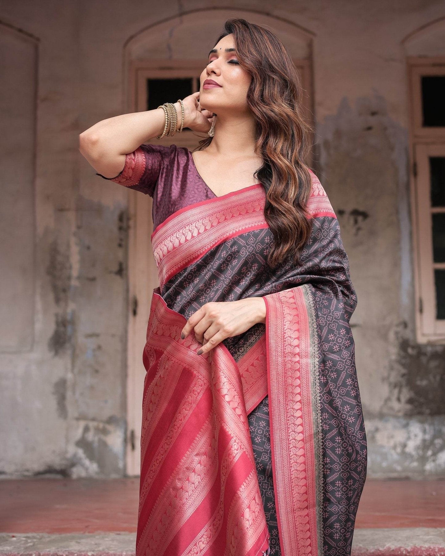 Black Banarasi Silk Saree with Intricate Pink Zari Border & Traditional Motifs - SEEANS