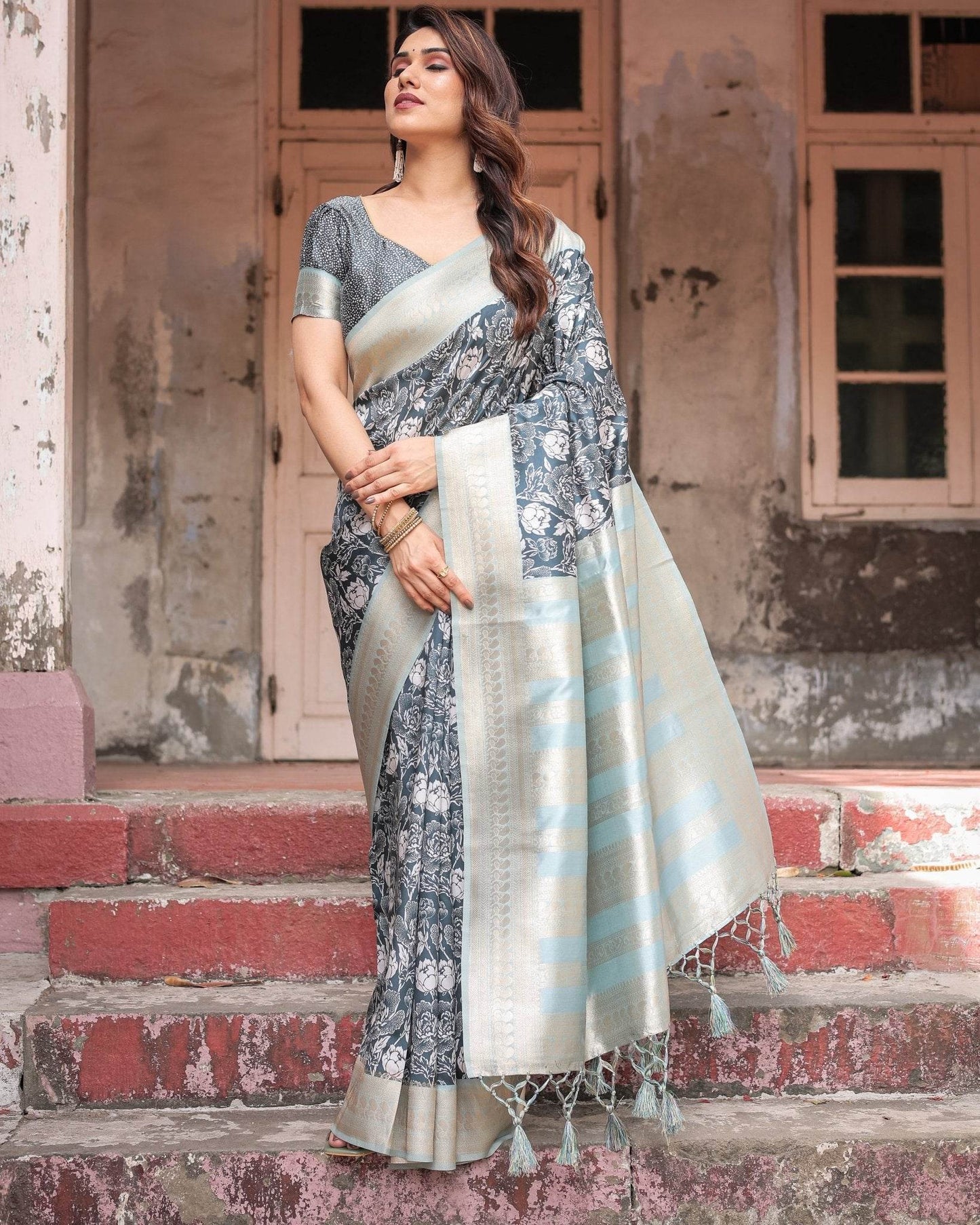 Sophisticated Floral Banarasi Silk Saree with Light Blue Zari Border - SEEANS