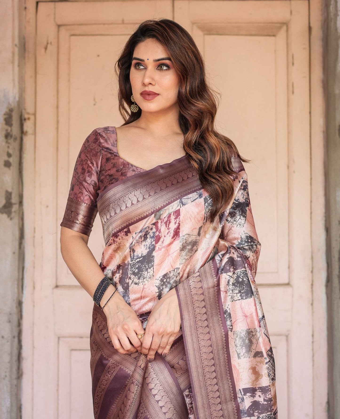 Mauve Banarasi Silk Saree with Abstract Checkered Digital Print & Zari Border - SEEANS