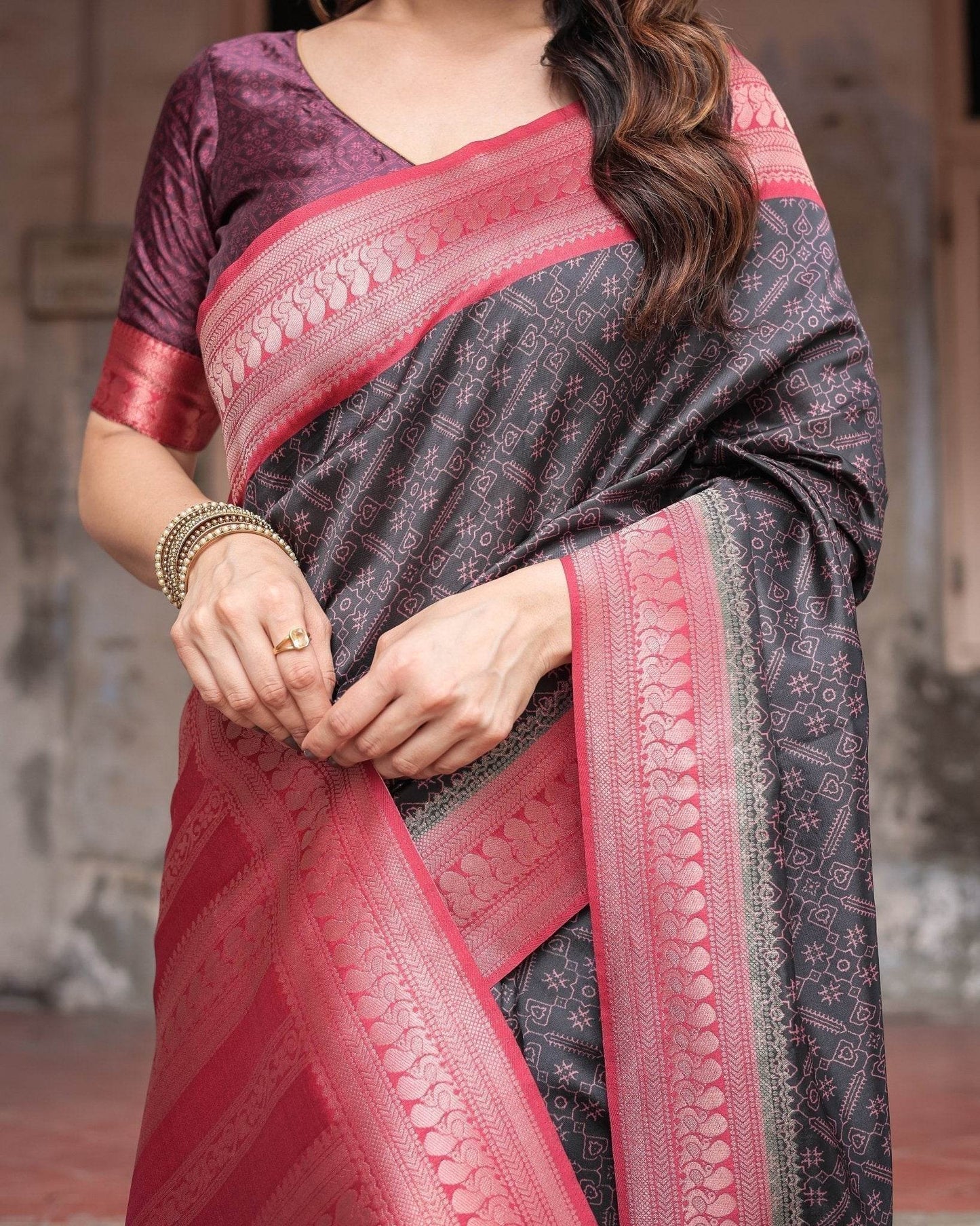 Black Banarasi Silk Saree with Intricate Pink Zari Border & Traditional Motifs - SEEANS
