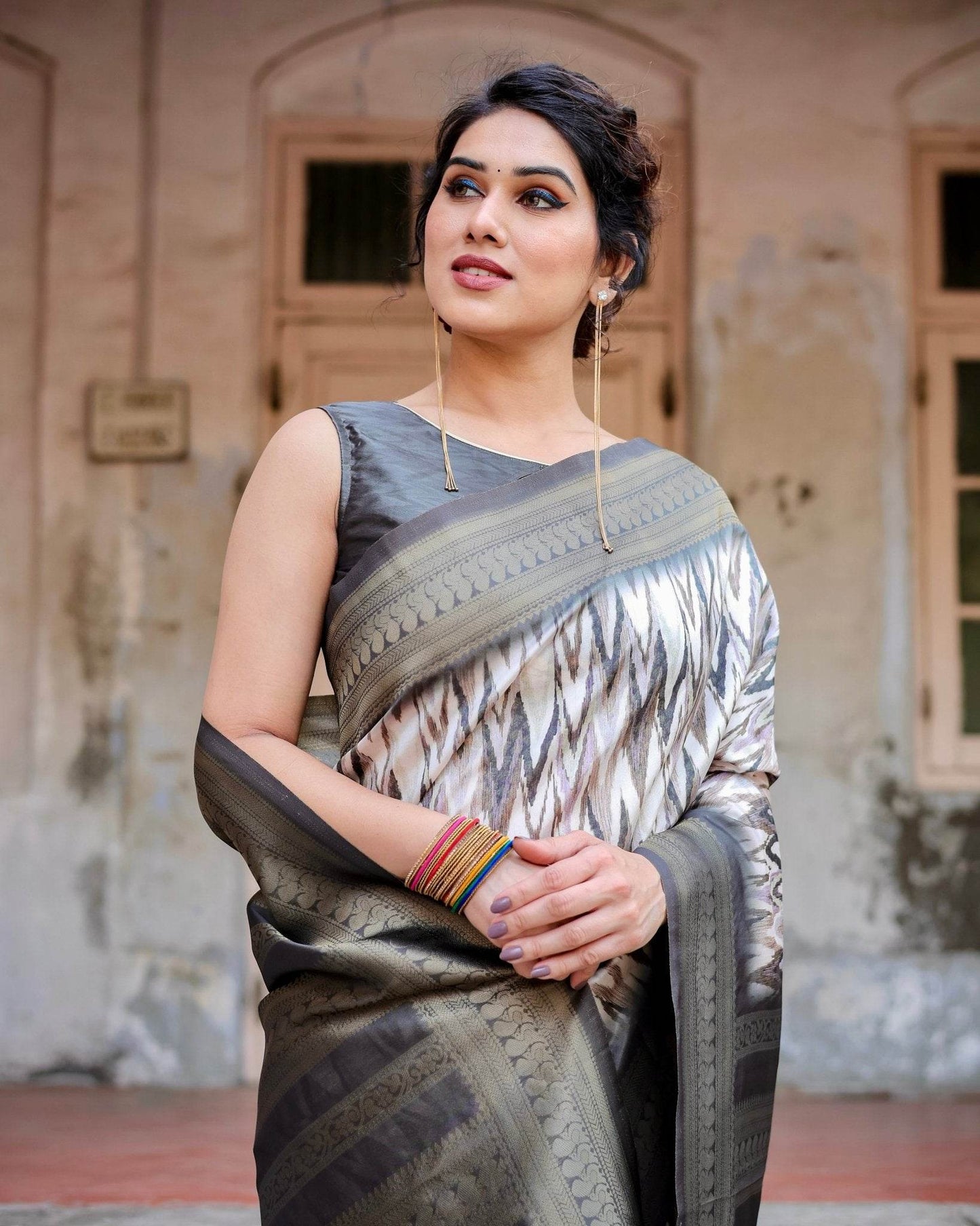 Elegant Banarasi Silk Saree with Zari Weaving and Tassels in Shades of Grey and Black - SEEANS
