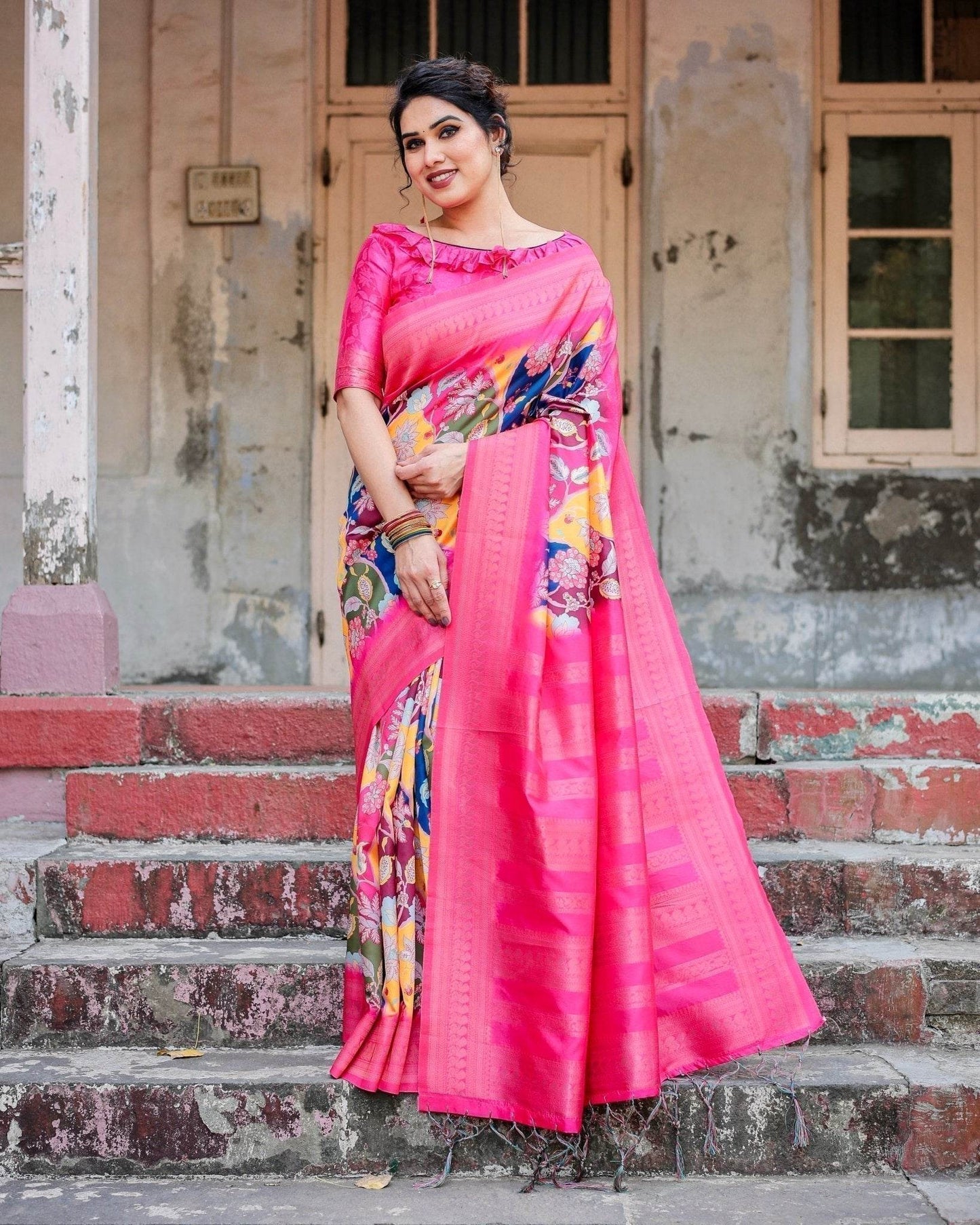 Hot Pink Multicolor Floral Digital Printed Banarasi Silk Saree with Zari Woven Border and Solid Pink Pallu - Includes Tassels - SEEANS