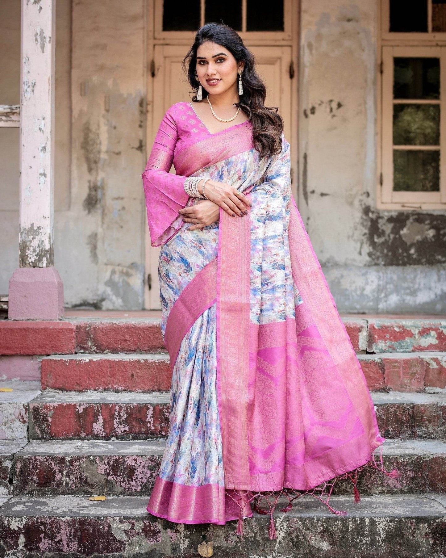 White and Pink Floral Digital Print Banarasi Silk Saree with Zari Weave and Tassel-Embellished Pallu - SEEANS