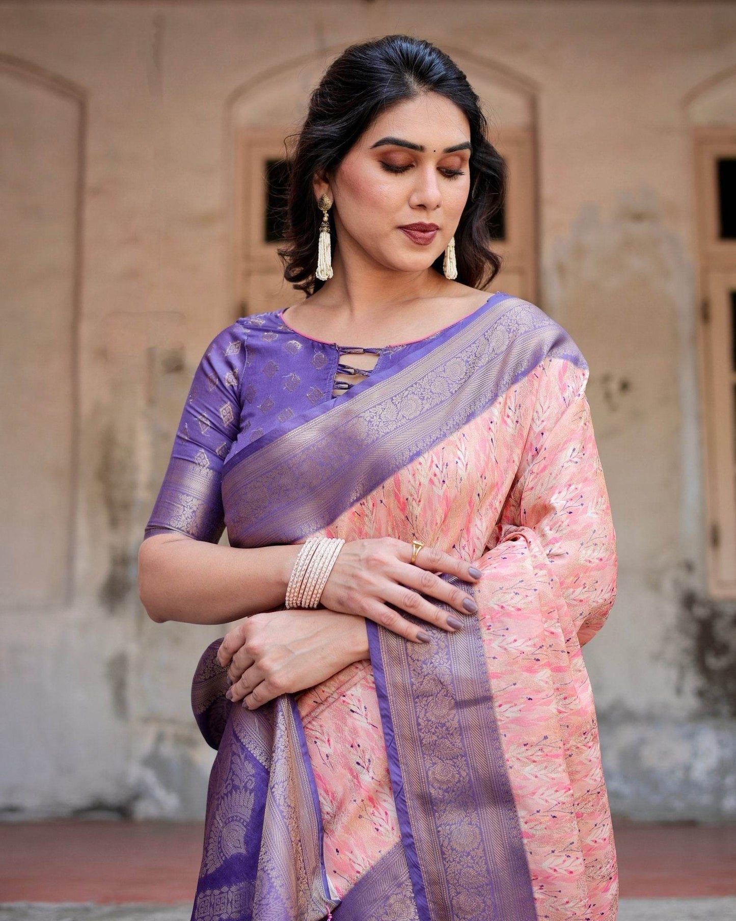 Peach and Purple Floral Digital Print Banarasi Silk Saree with Zari Weave and Tassel-Adorned Pallu - SEEANS