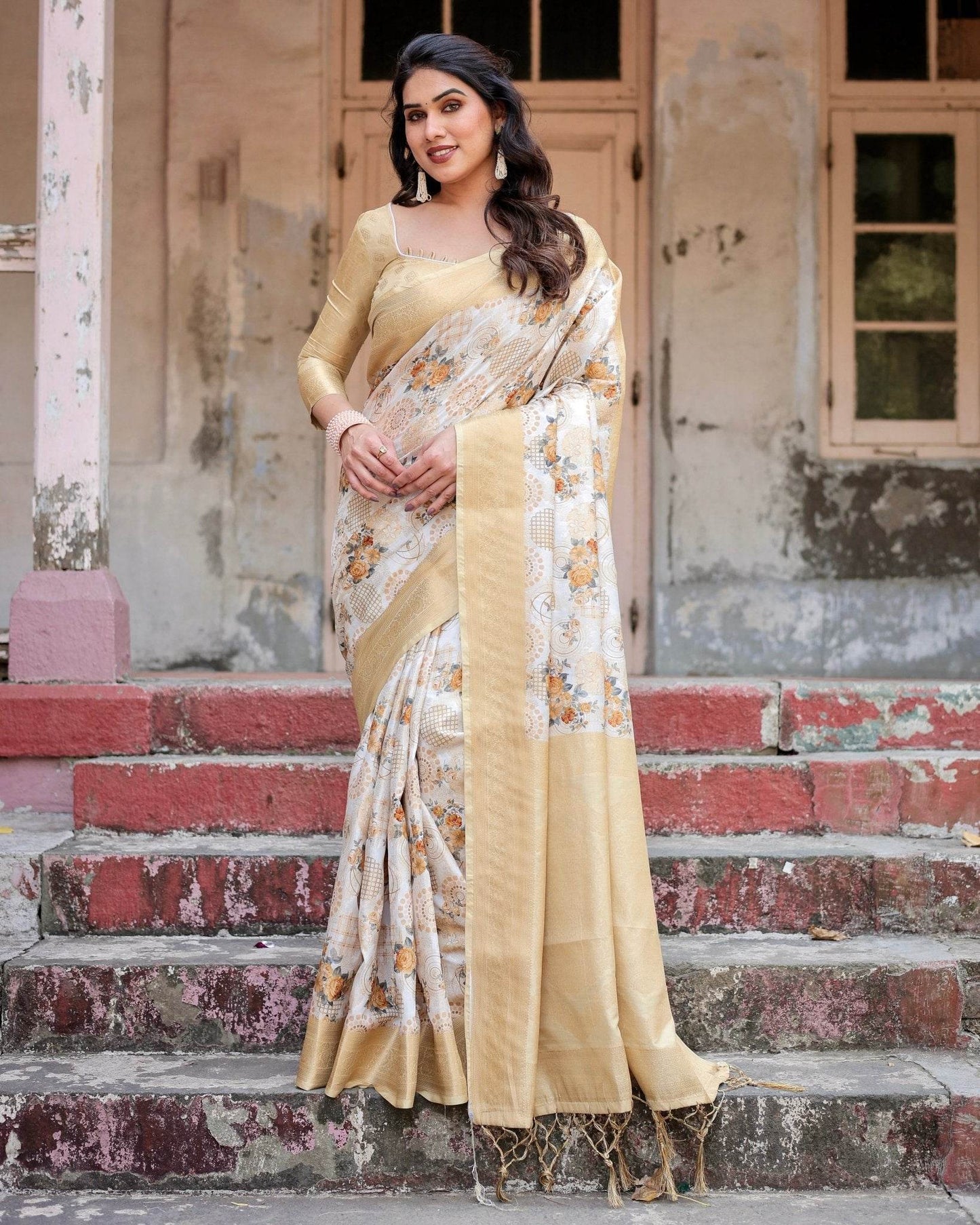 Ivory and Gold Banarasi Silk Saree with Floral Print, Zari Border, and Tassels - SEEANS