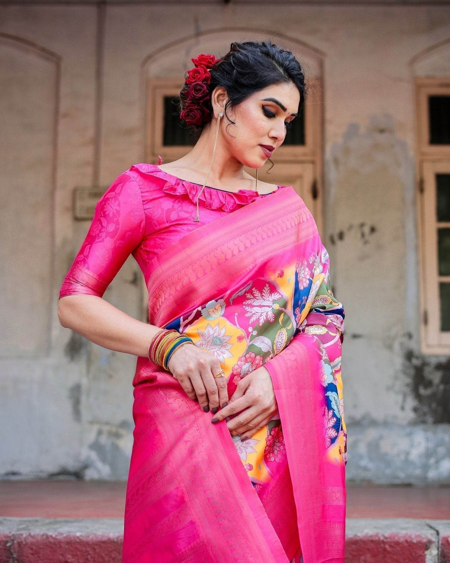 Hot Pink Multicolor Floral Digital Printed Banarasi Silk Saree with Zari Woven Border and Solid Pink Pallu - Includes Tassels - SEEANS