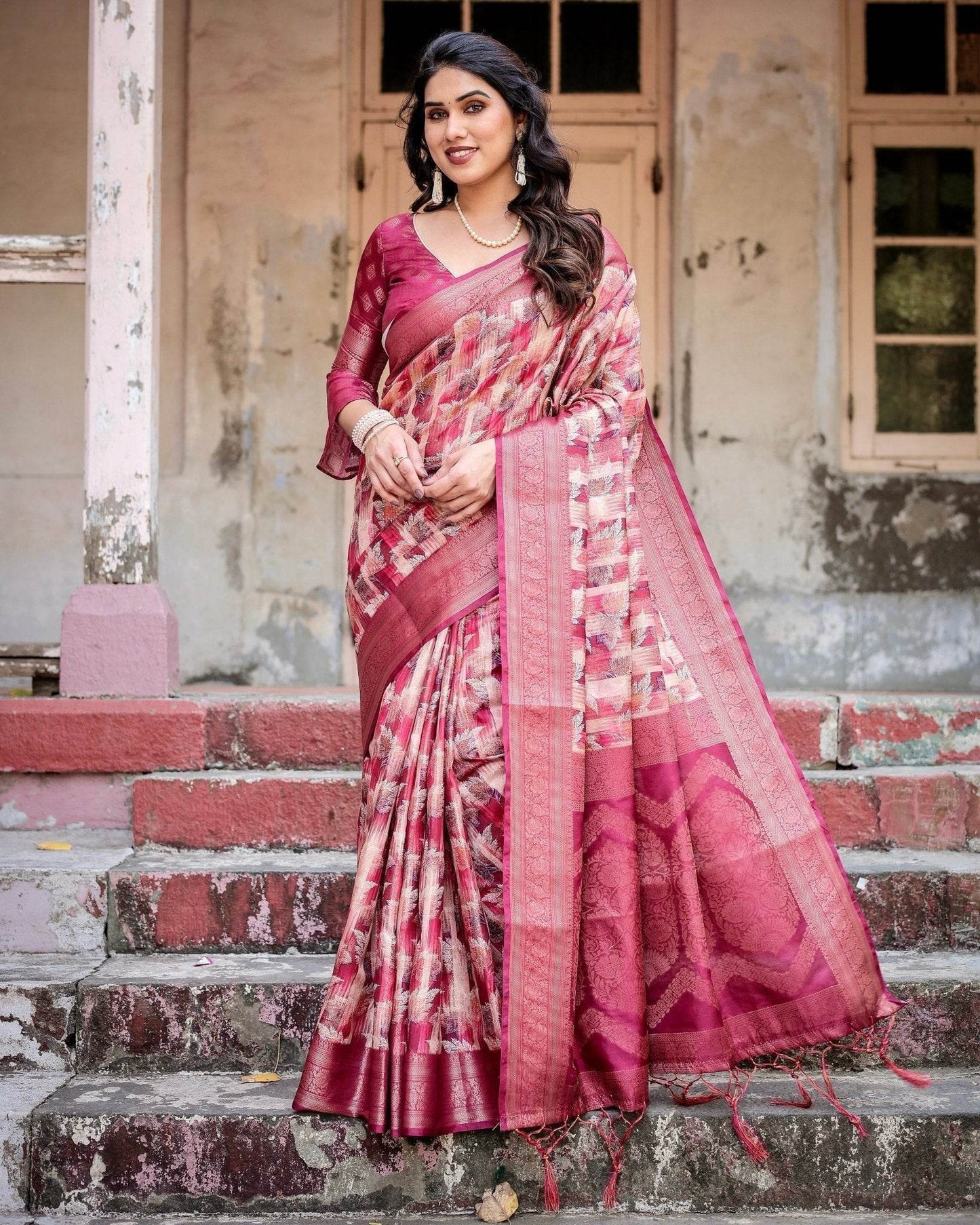 Pink and Maroon Abstract Digital Print Banarasi Silk Saree with Zari Weave and Tassel-Embellished Pallu - SEEANS