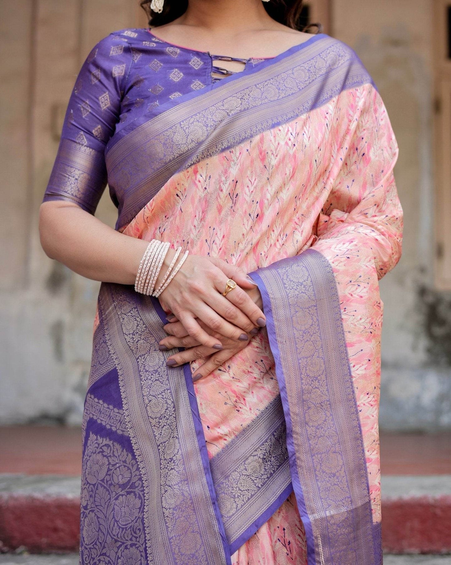 Peach and Purple Floral Digital Print Banarasi Silk Saree with Zari Weave and Tassel-Adorned Pallu - SEEANS