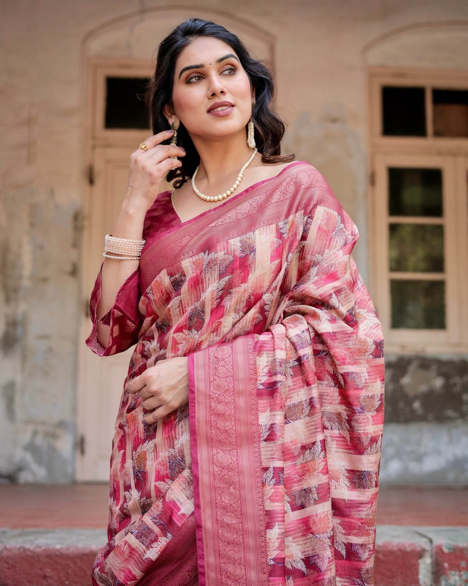Pink and Maroon Abstract Digital Print Banarasi Silk Saree with Zari Weave and Tassel-Embellished Pallu - SEEANS