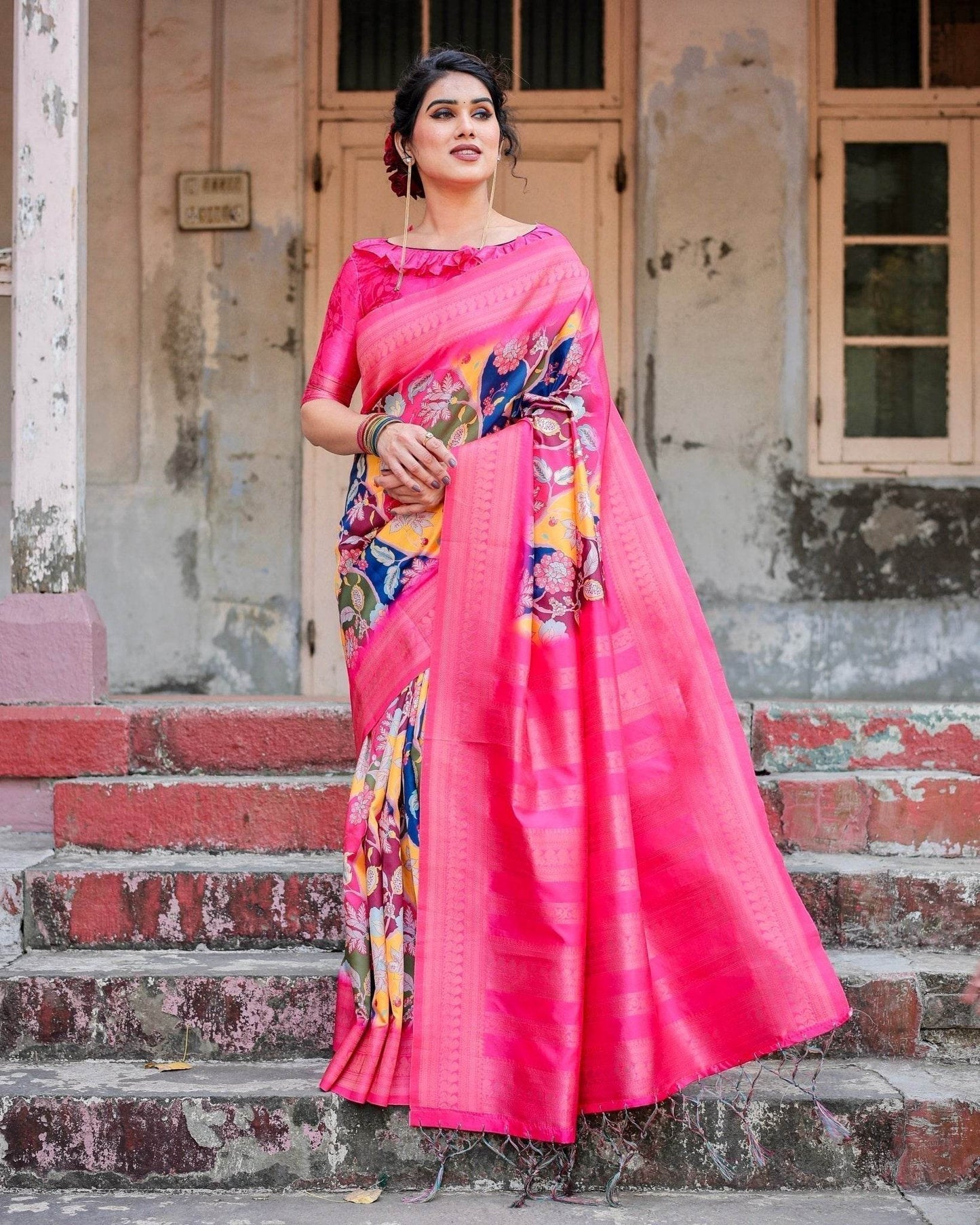 Hot Pink Multicolor Floral Digital Printed Banarasi Silk Saree with Zari Woven Border and Solid Pink Pallu - Includes Tassels - SEEANS