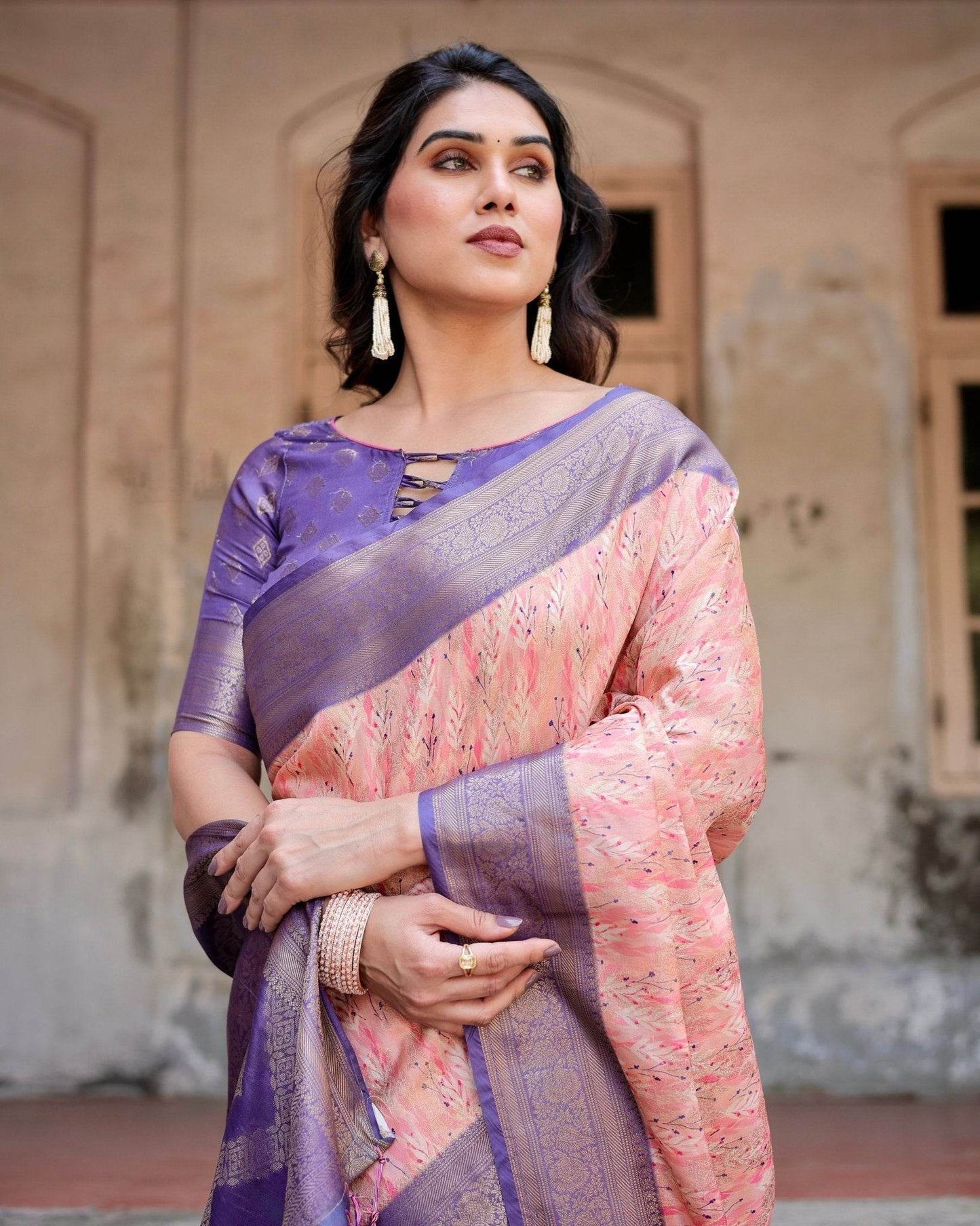 Peach and Purple Floral Digital Print Banarasi Silk Saree with Zari Weave and Tassel-Adorned Pallu - SEEANS