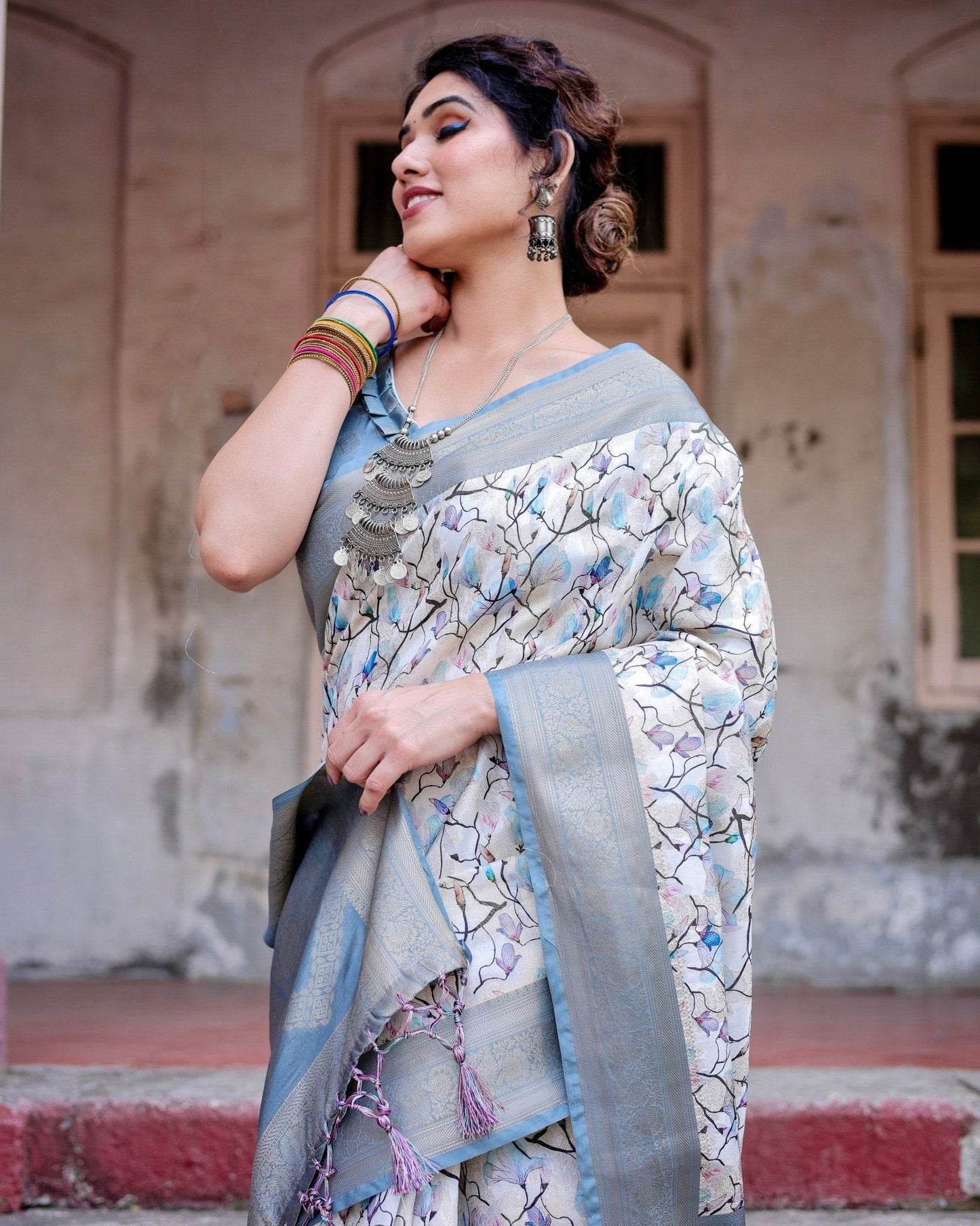 Elegant Light Blue Banarasi Silk Saree with Floral Design and Zari Weaved Pallu - SEEANS