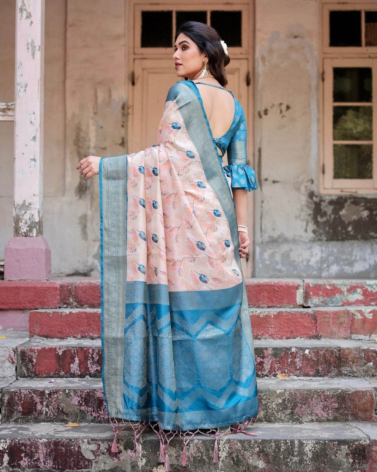 Peach and Teal Floral Digital Print Banarasi Silk Saree with Zari Weave and Tassel-Adorned Pallu - SEEANS