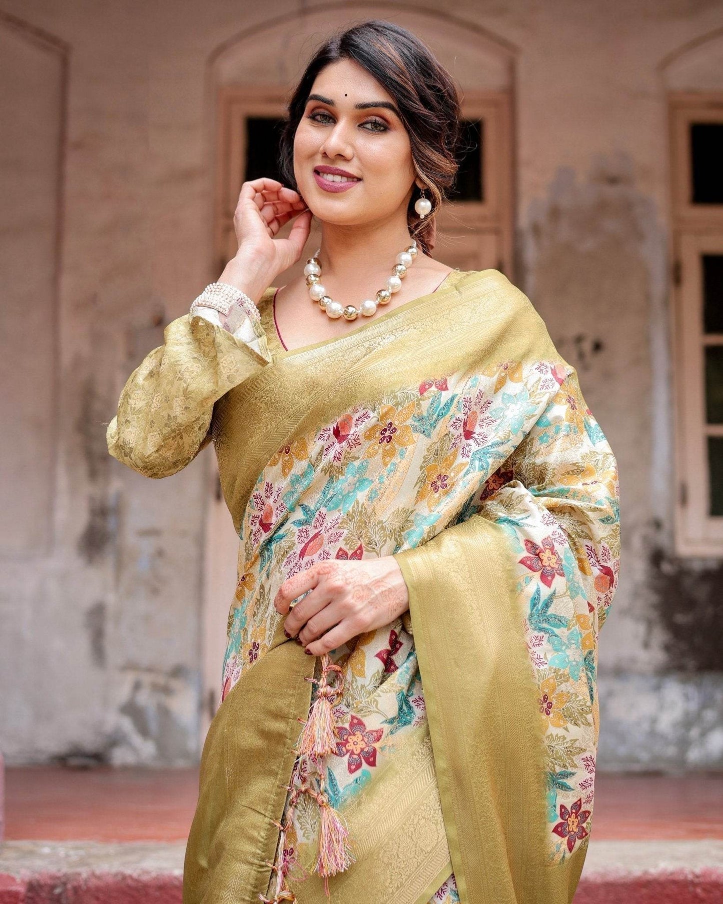 Golden Yellow Banarasi Silk Saree with Multicolor Floral Print and Zari Border - SEEANS