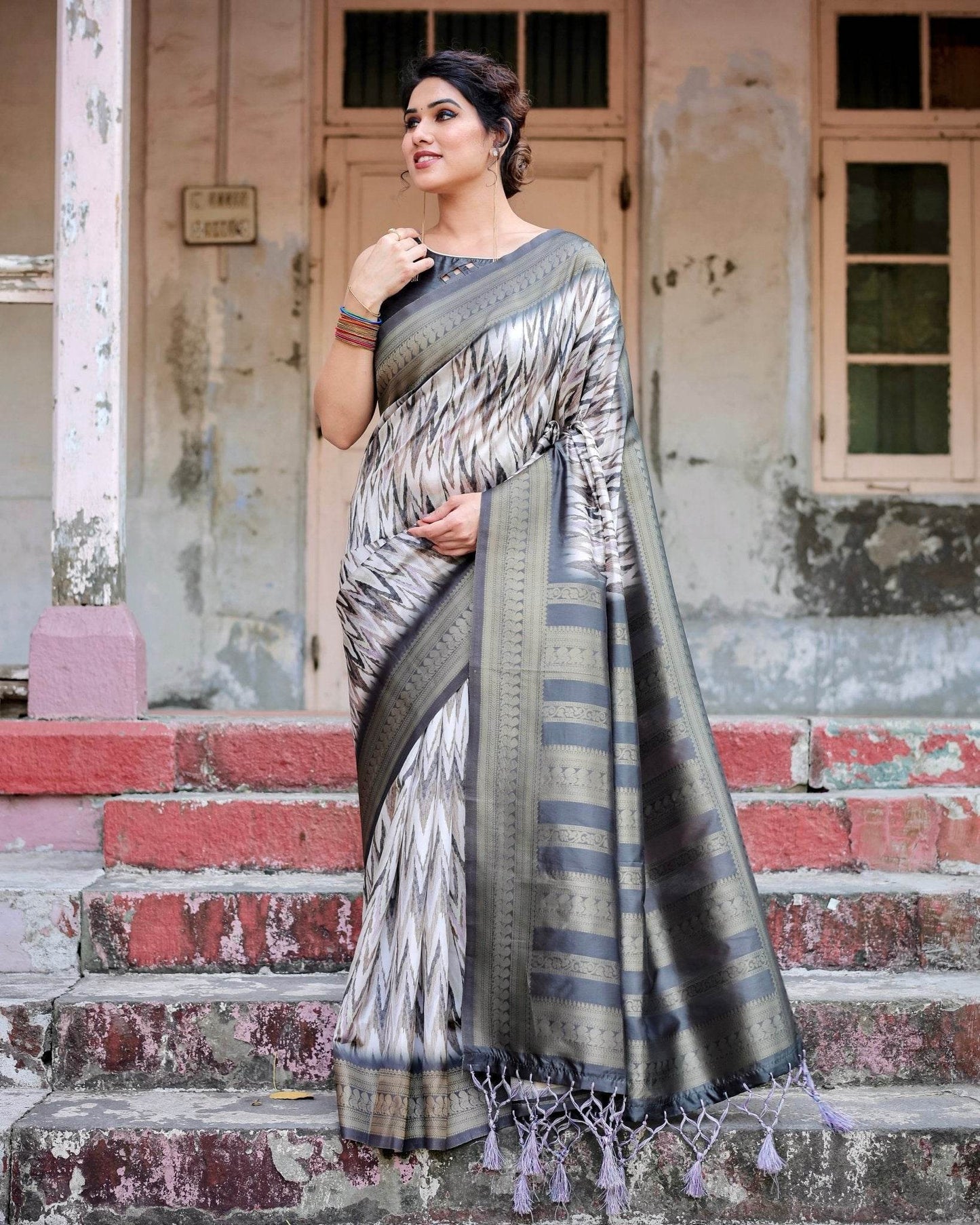 Elegant Banarasi Silk Saree with Zari Weaving and Tassels in Shades of Grey and Black - SEEANS