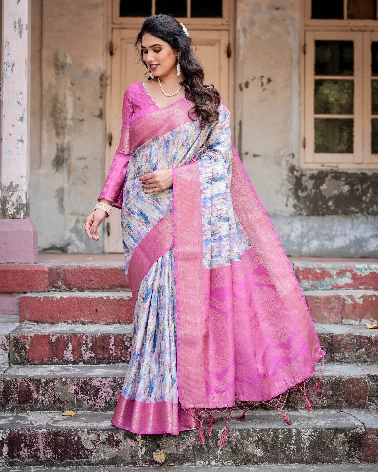 White and Pink Floral Digital Print Banarasi Silk Saree with Zari Weave and Tassel-Embellished Pallu - SEEANS