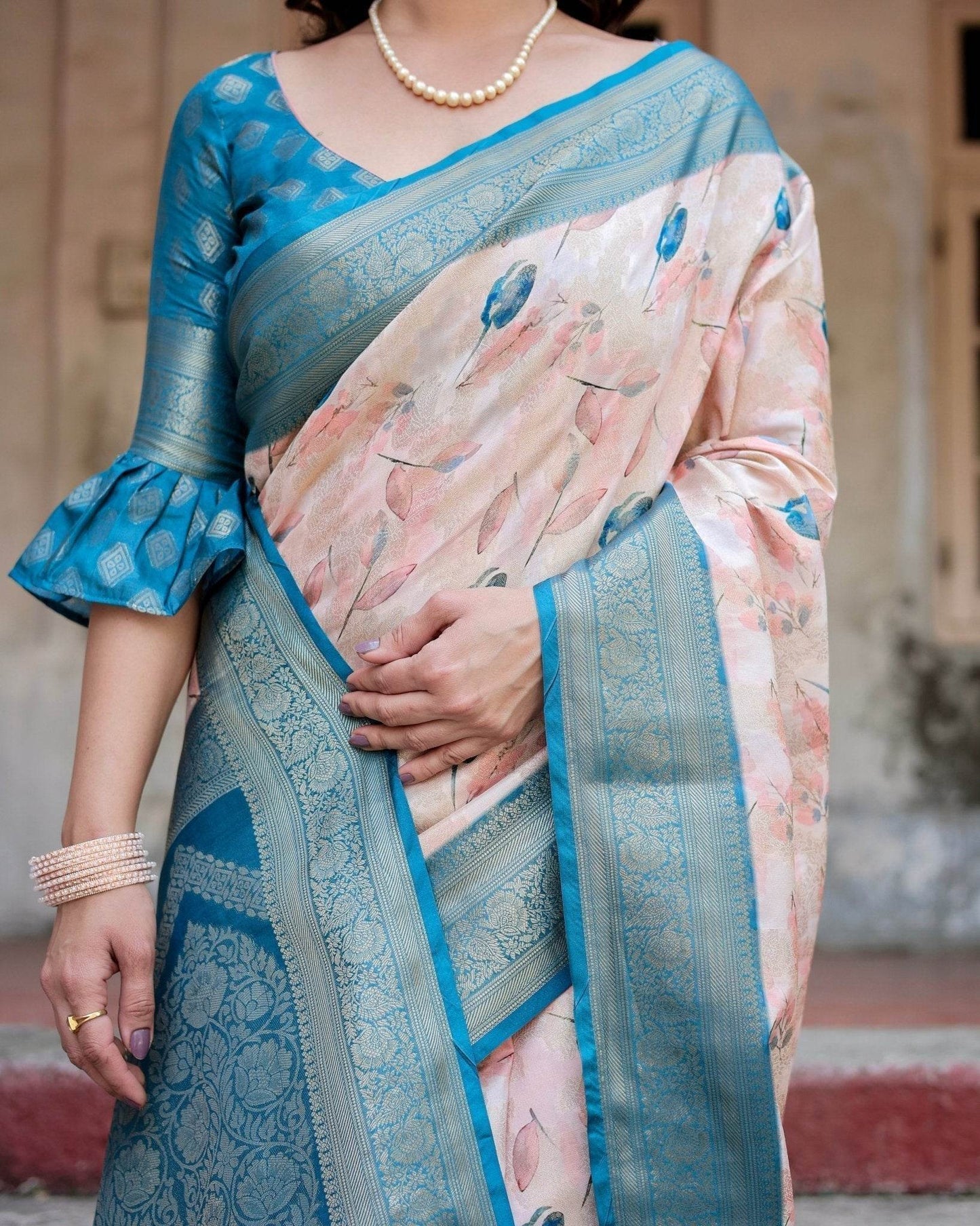 Peach and Teal Floral Digital Print Banarasi Silk Saree with Zari Weave and Tassel-Adorned Pallu - SEEANS