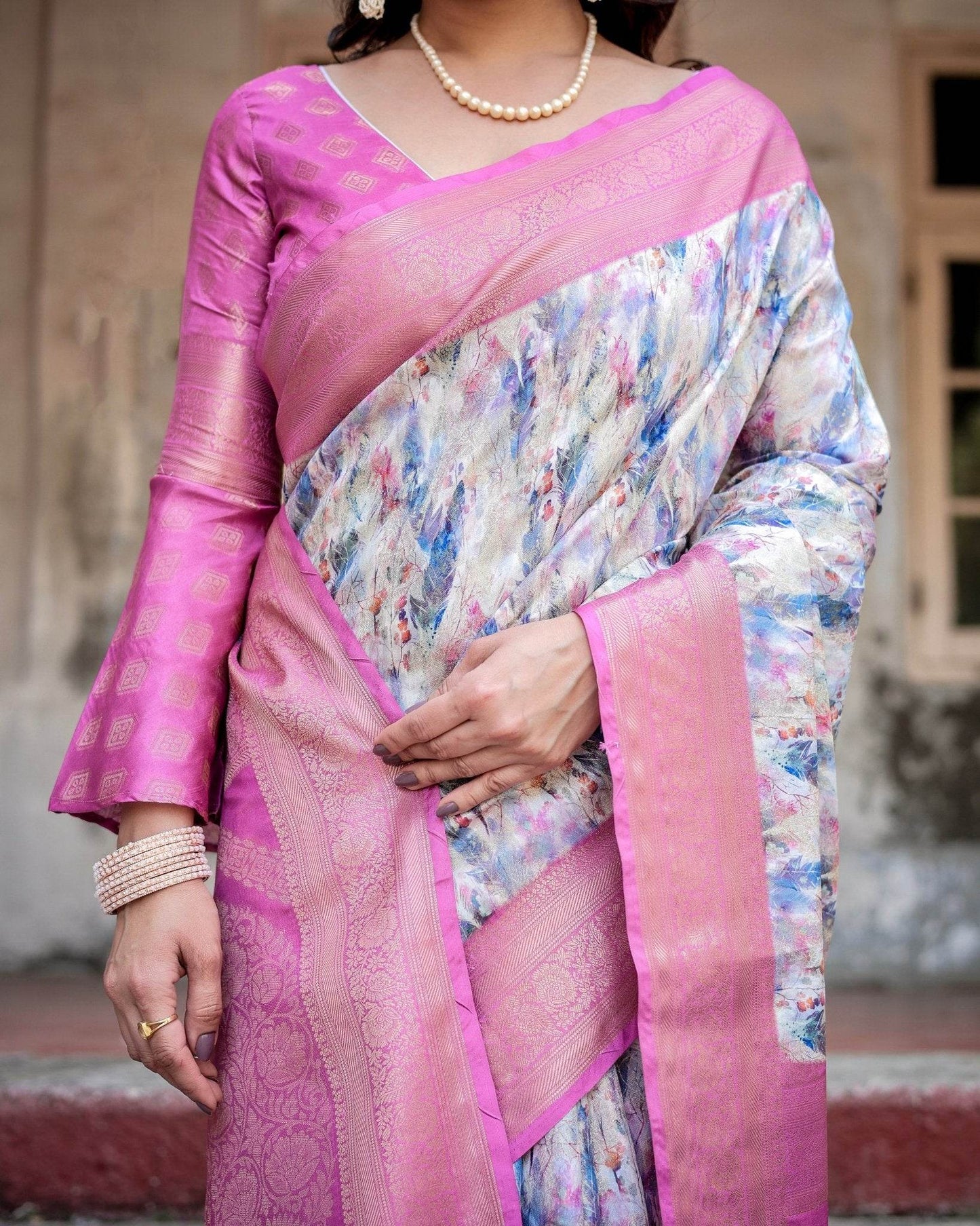 White and Pink Floral Digital Print Banarasi Silk Saree with Zari Weave and Tassel-Embellished Pallu - SEEANS